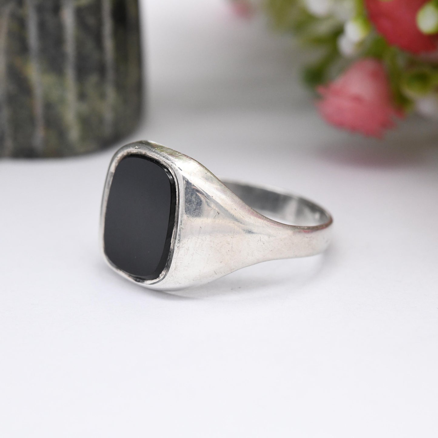 Vintage Sterling Silver Onyx Signet Ring 1984 - Black Gemstone Unisex Jewellery | UK Size - U 1/2 | US Size - 10 1/4