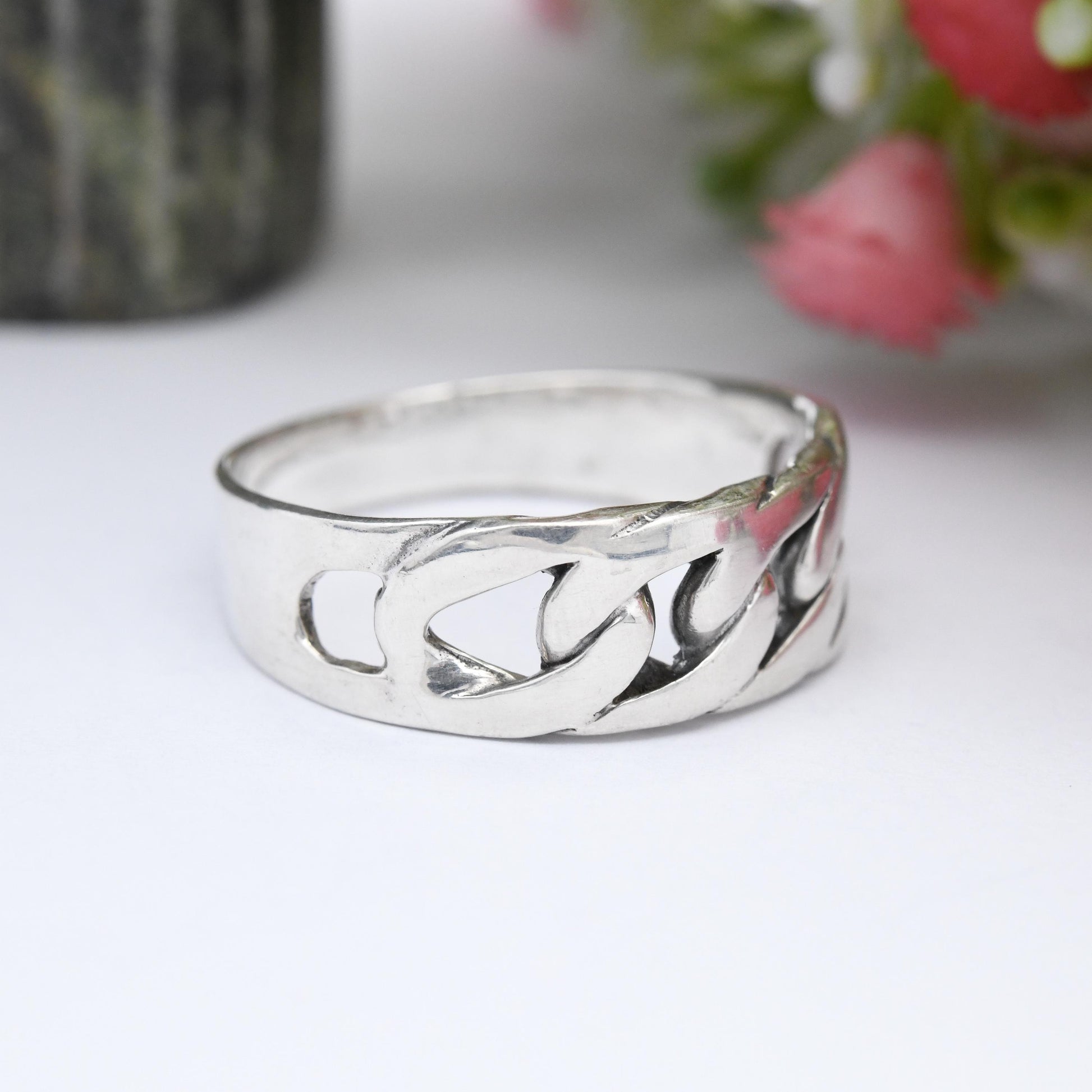 Vintage Sterling Silver Chain Band Ring - Openwork Flat Curb Link Design | Mid-Century Modernist | Large UK Size - Z | US Size - 12 1/2