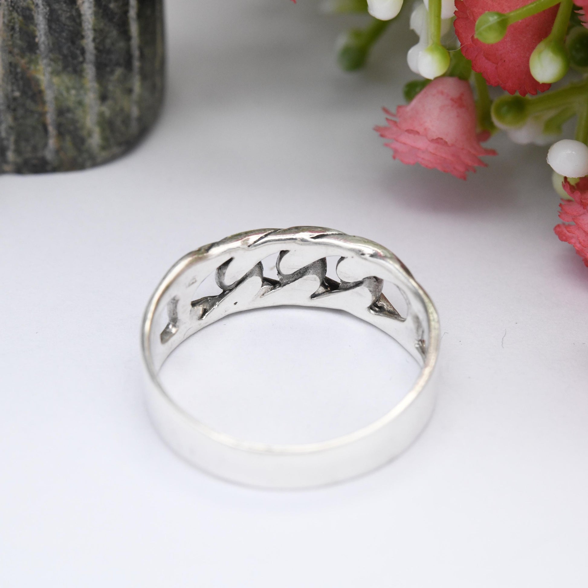 Vintage Sterling Silver Chain Band Ring - Openwork Flat Curb Link Design | Mid-Century Modernist | Large UK Size - Z | US Size - 12 1/2