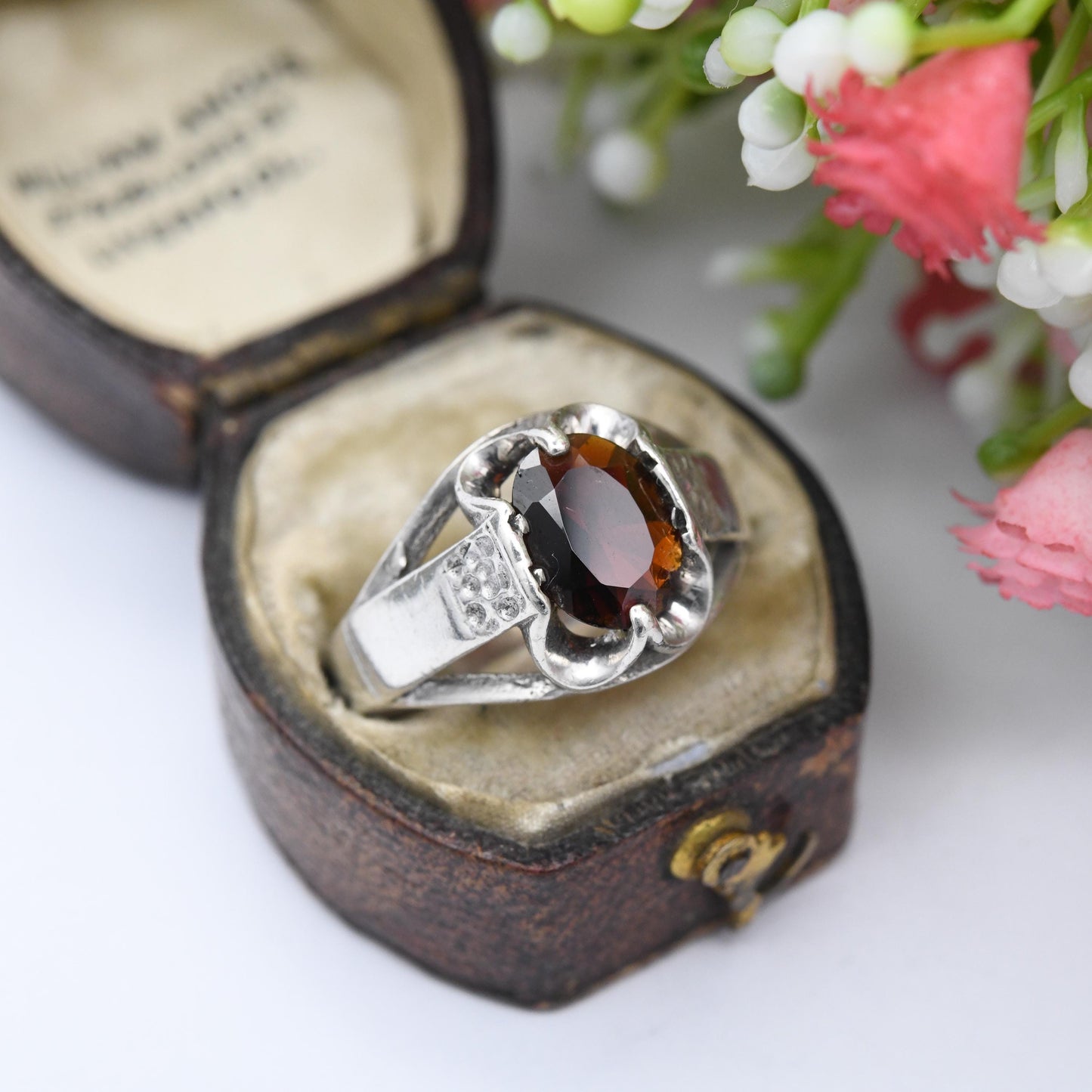 Vintage Mid-Century Sterling Silver Garnet Ring 1975 - Chunky Modernist Sculptural Silver Jewellery | UK Size - P | US Size - 7 1/2