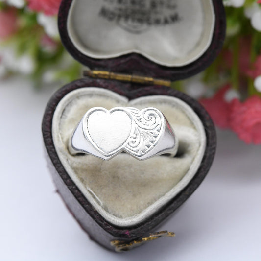 Vintage Sterling Silver Heart Signet Ring - Engraved Entwined Love Hearts | Henry Griffith | Gift for Her | UK Size - J 1/2 | US Size - 5