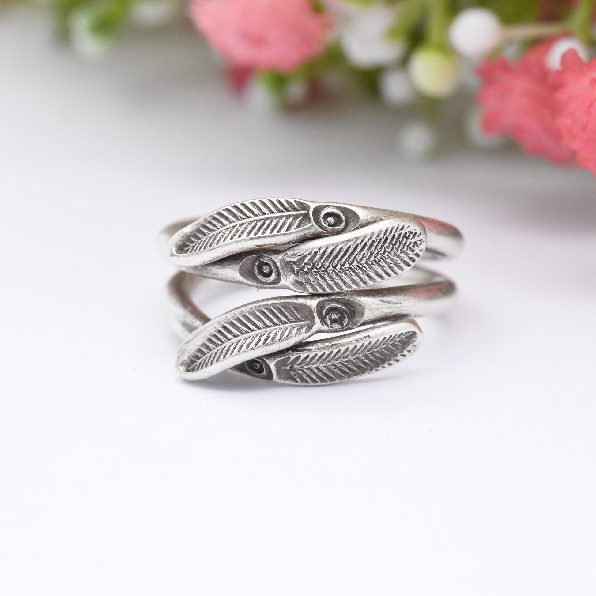 Vintage Sterling Silver Wraparound Feather Design Ring - Southwestern Style | Open Adjustable Band | UK Size - L 1/2 | US Size - 6