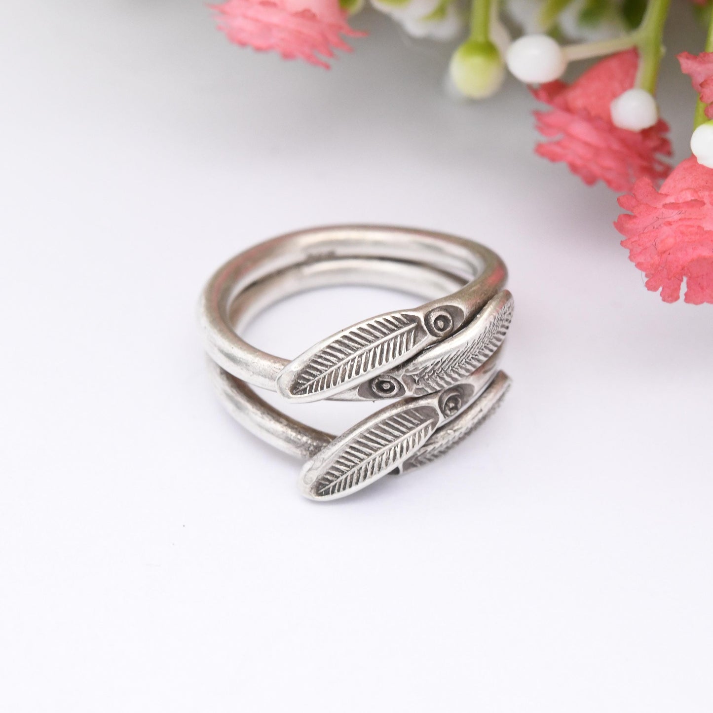 Vintage Sterling Silver Wraparound Feather Design Ring - Southwestern Style | Open Adjustable Band | UK Size - L 1/2 | US Size - 6