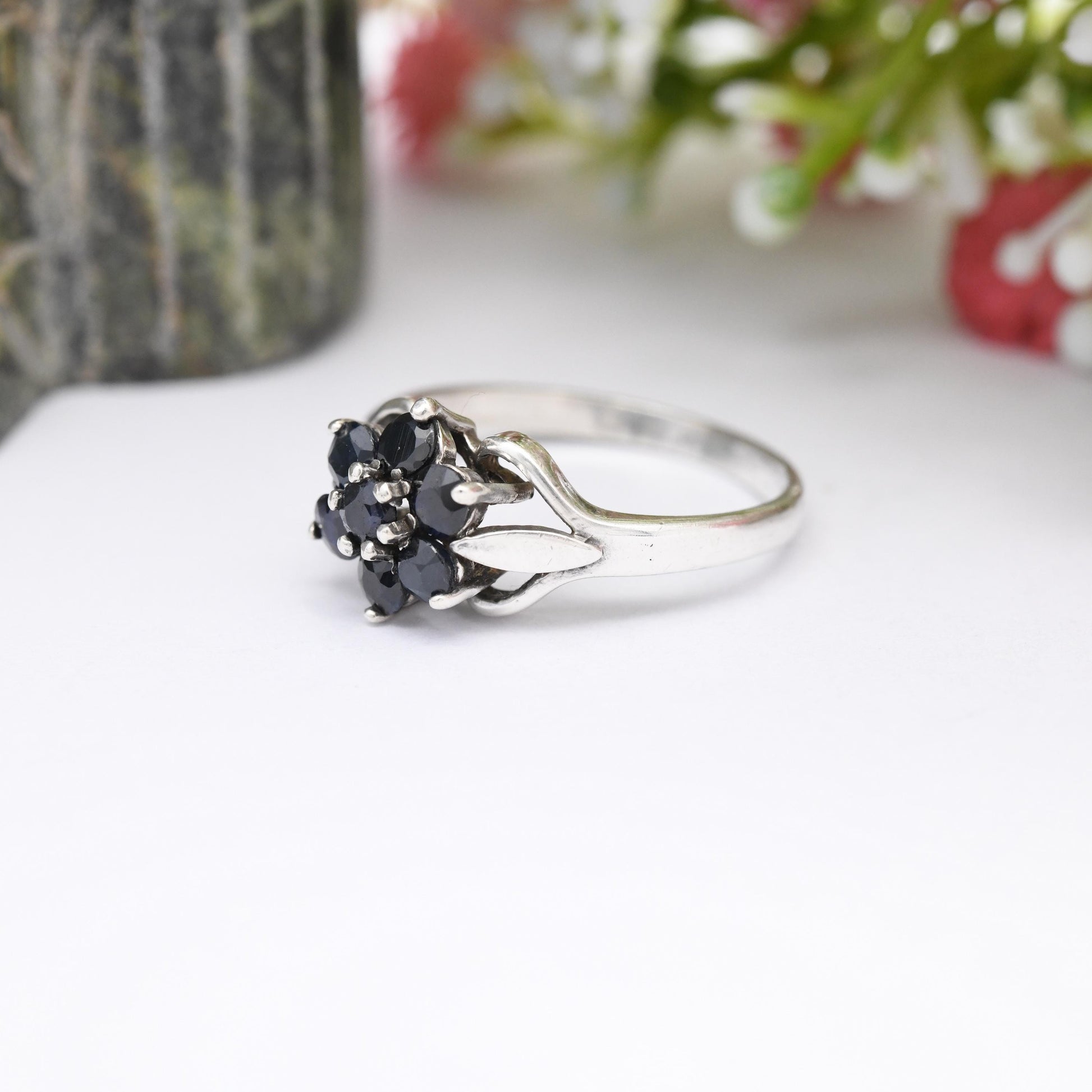 Vintage Sterling Silver Sapphire Cluster Flower Ring 1981 - Mid-Century Statement Sparkly Cocktail Ring | UK Size - R | US Size - 8 1/2