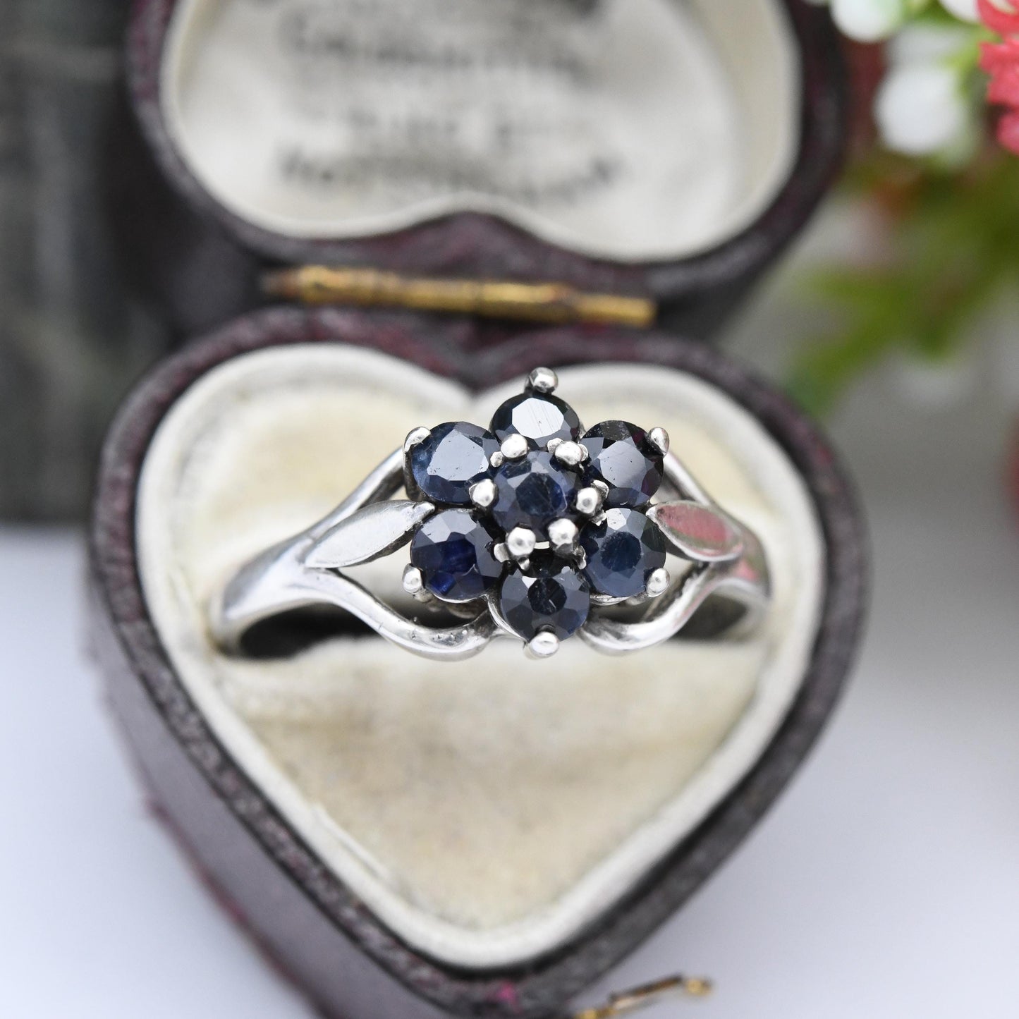 Vintage Sterling Silver Sapphire Cluster Flower Ring 1981 - Mid-Century Statement Sparkly Cocktail Ring | UK Size - R | US Size - 8 1/2