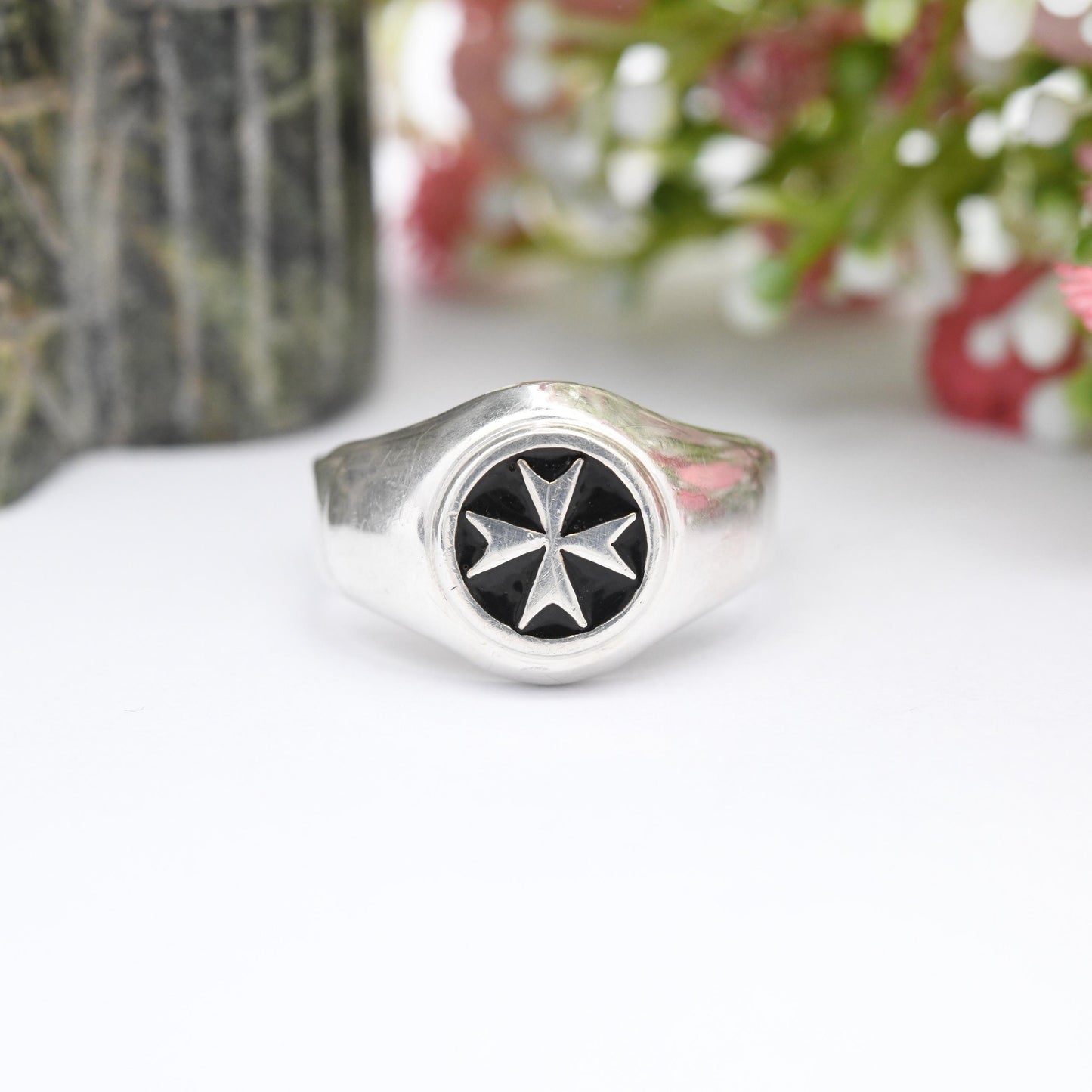 Vintage Sterling Silver Maltese Cross Signet Ring - Enamel Made in Malta Large Chunky Jewellery Gift for Him | UK Size - X US Size - 11 1/2