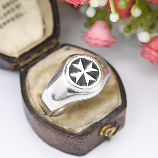 Vintage Sterling Silver Maltese Cross Signet Ring - Enamel Made in Malta Large Chunky Jewellery Gift for Him | UK Size - X US Size - 11 1/2