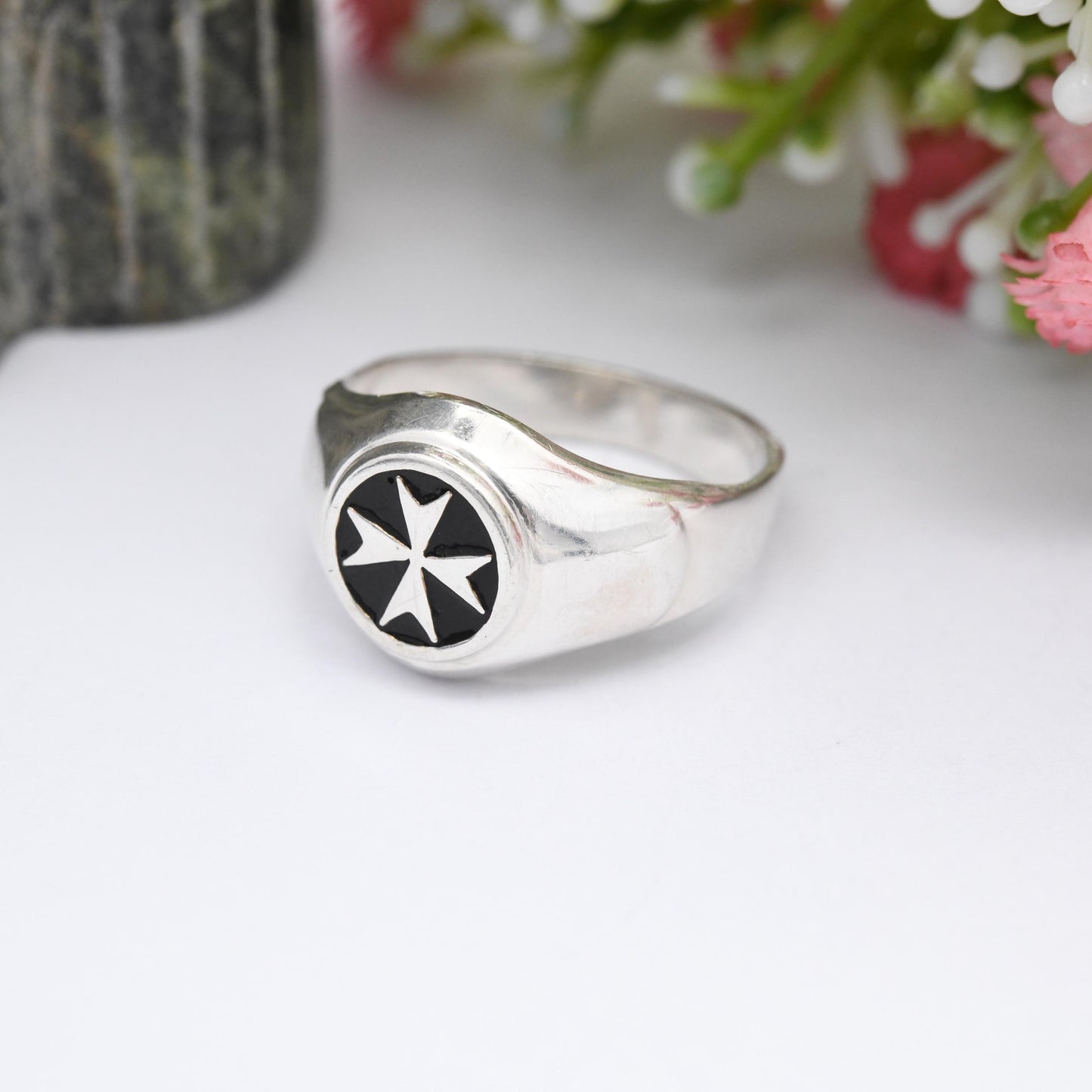 Vintage Sterling Silver Maltese Cross Signet Ring - Enamel Made in Malta Large Chunky Jewellery Gift for Him | UK Size - X US Size - 11 1/2