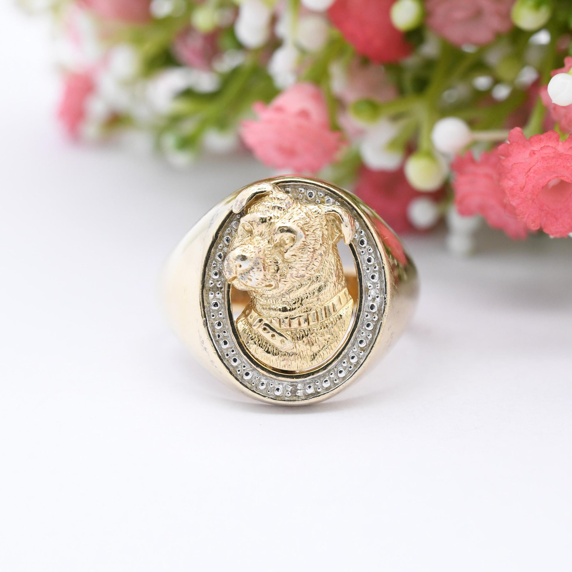 Gold Plated Sterling Silver Staffy Dog Signet Ring with Diamonds - I Love Staffies Staffordshire | Large UK Size - Z +2 | US Size - 13 1/2