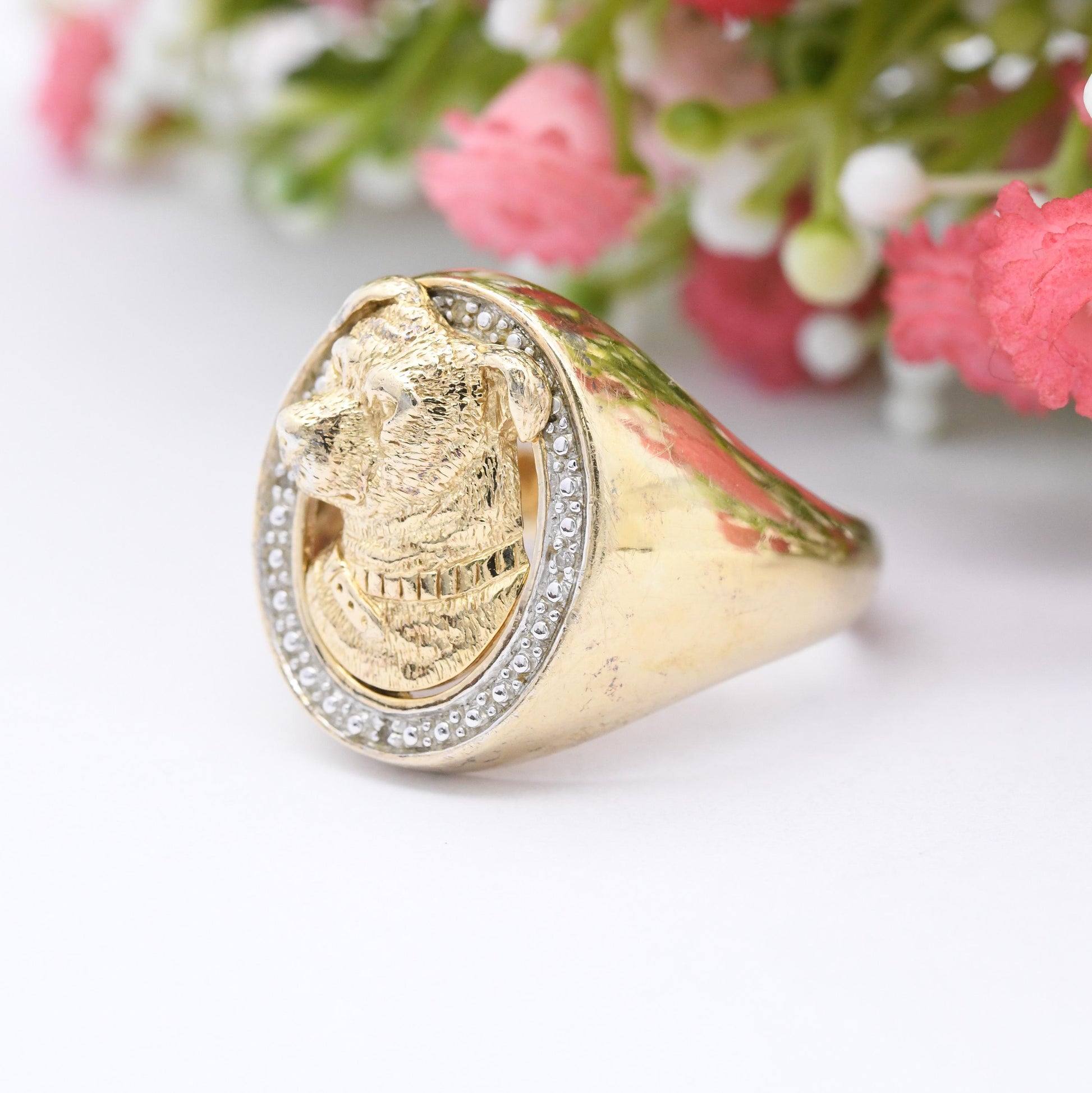 Gold Plated Sterling Silver Staffy Dog Signet Ring with Diamonds - I Love Staffies Staffordshire | Large UK Size - Z +2 | US Size - 13 1/2