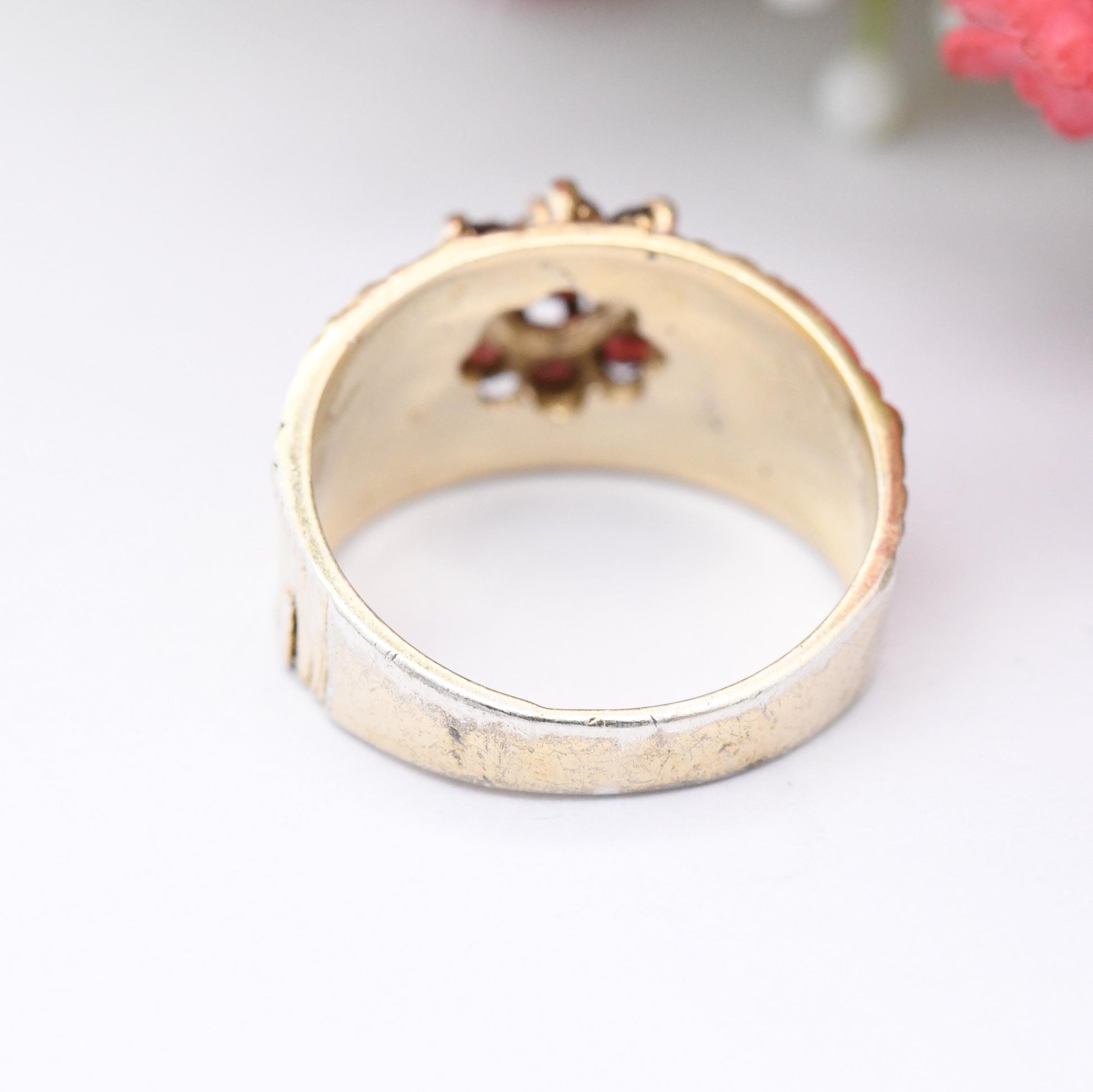 Vintage Gold Plated Sterling Silver Garnet Cluster Flower Ring 1976 - Mid-Century Bark Effect Pinkie Ring Gift | UK Size - K | US Size - 5