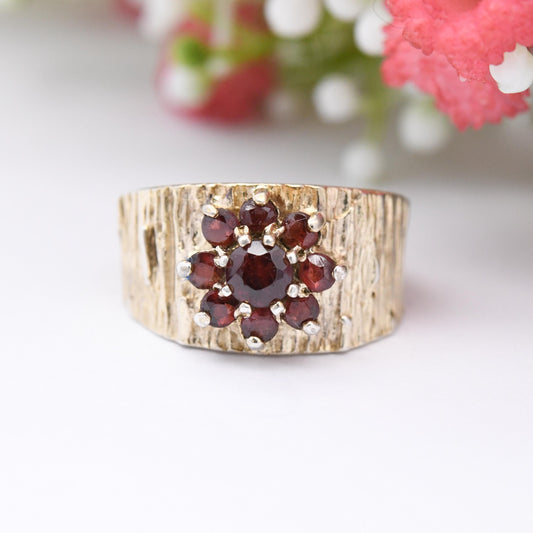 Vintage Gold Plated Sterling Silver Garnet Cluster Flower Ring 1976 - Mid-Century Bark Effect Pinkie Ring Gift | UK Size - K | US Size - 5
