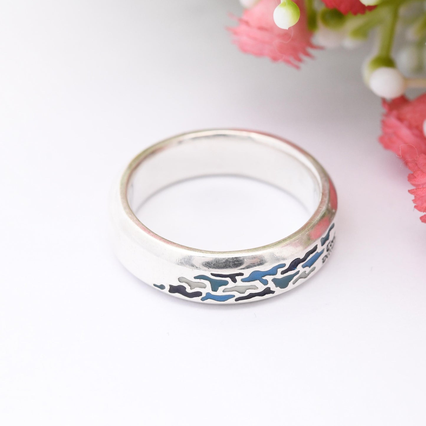 Vintage Sterling Silver Blue Enamel Band Ring - Surfer Style Jewellery | Unusual Men's Band Ring | Large UK Size - T 1/2 | US Size - 10