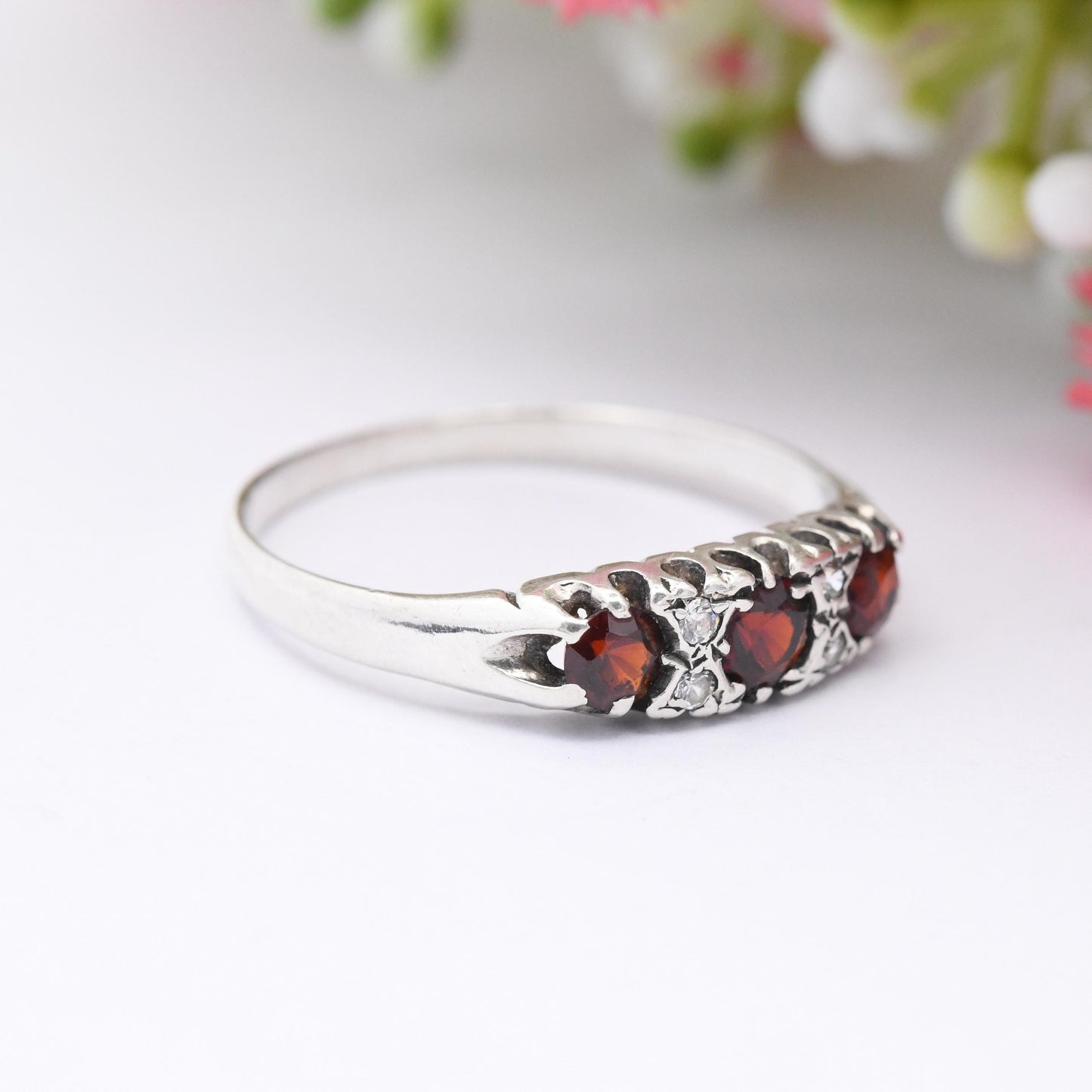 Vintage Sterling Silver Garnet Three Stone Ring 1987 - Victorian Style Boat Ring | Pretty Gift for Her | UK Size - T | US Size - 9 3/4