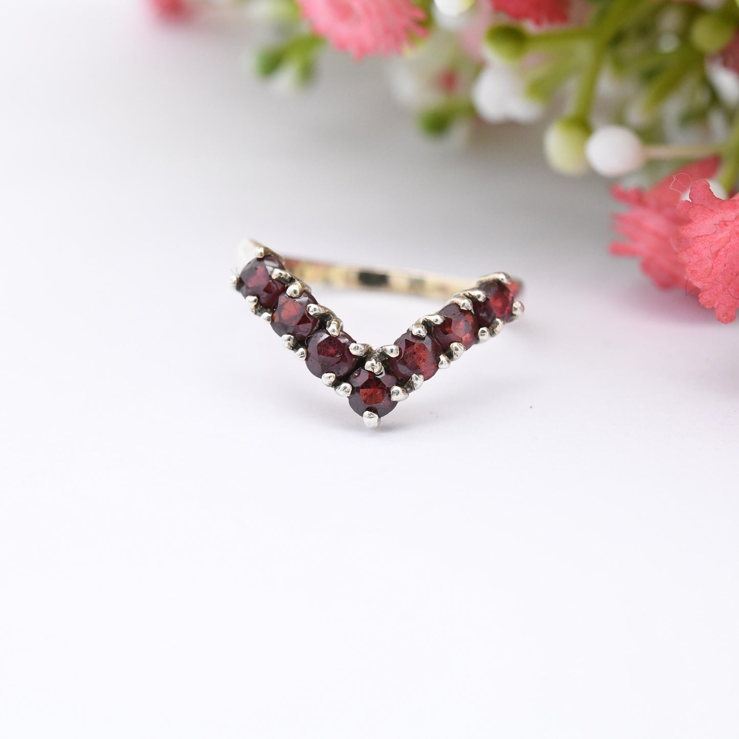 Vintage Sterling Silver Garnet Wishbone Ring - Gemstone Stacking Ring | Pretty Gift for Her | UK Size - P 1/2 | US Size - 7 3/4