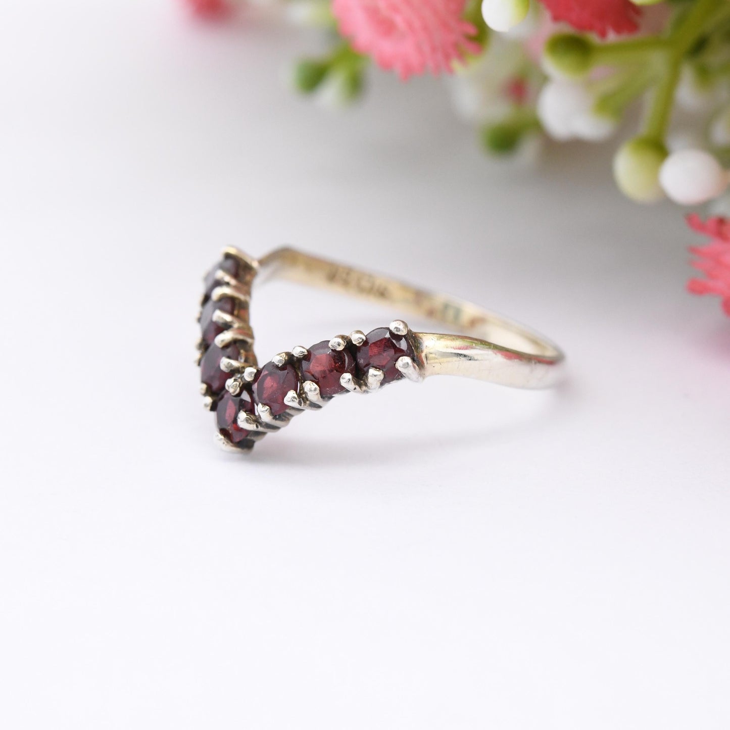 Vintage Sterling Silver Garnet Wishbone Ring - Gemstone Stacking Ring | Pretty Gift for Her | UK Size - P 1/2 | US Size - 7 3/4