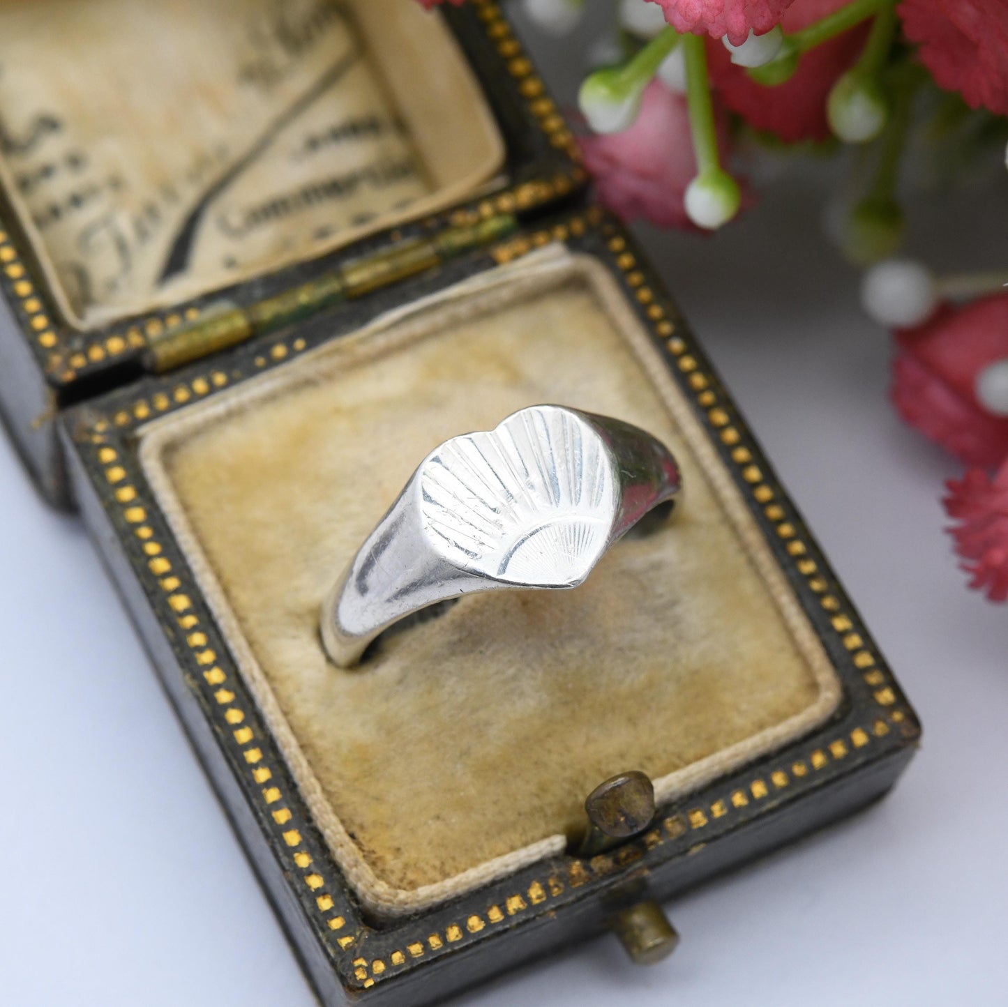 Vintage Sterling Silver Heart Signet Ring with Sunrise Sunset - Everyday Minimal Silver Love Heart Gift | UK Size - M | US Size - 6 1/4