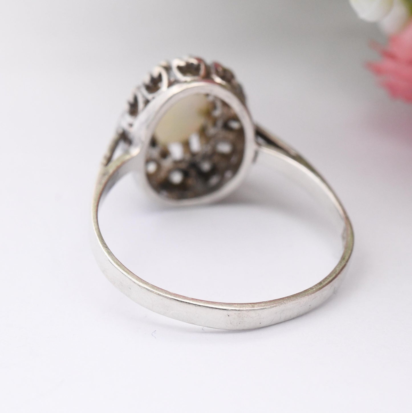 Vintage Sterling Silver Opal Cluster Ring 1978 - Mid-Century Antique Style | Pretty Cocktail Ring with Halo | UK Size - M | US Size - 6 1/4