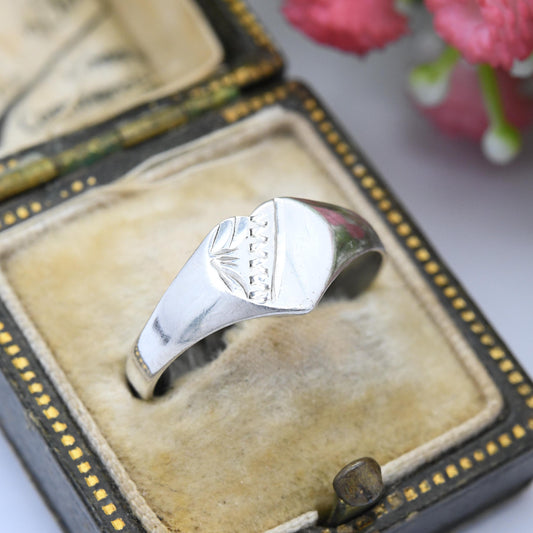 Vintage Sterling Silver Heart Signet Ring - Engraved Silver Love Heart Jewellery | Everyday Pinkie Ring | UK Size - P | US Size - 7 3/4