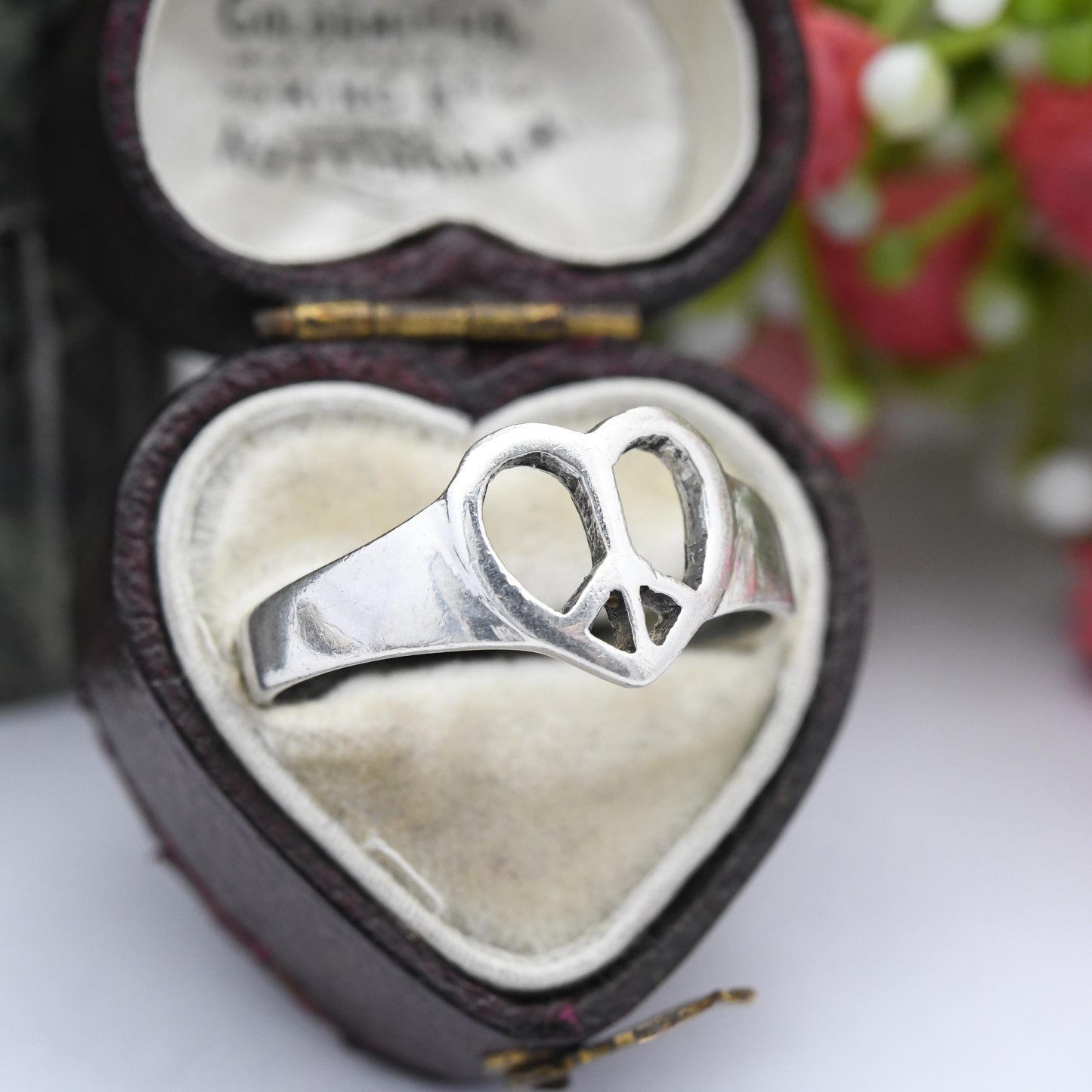 Vintage Sterling Silver Peace and Love Ring - Peace Sign in a Love Heart | Sweet Everyday Love Gift for Her | UK Size - S | US Size - 9