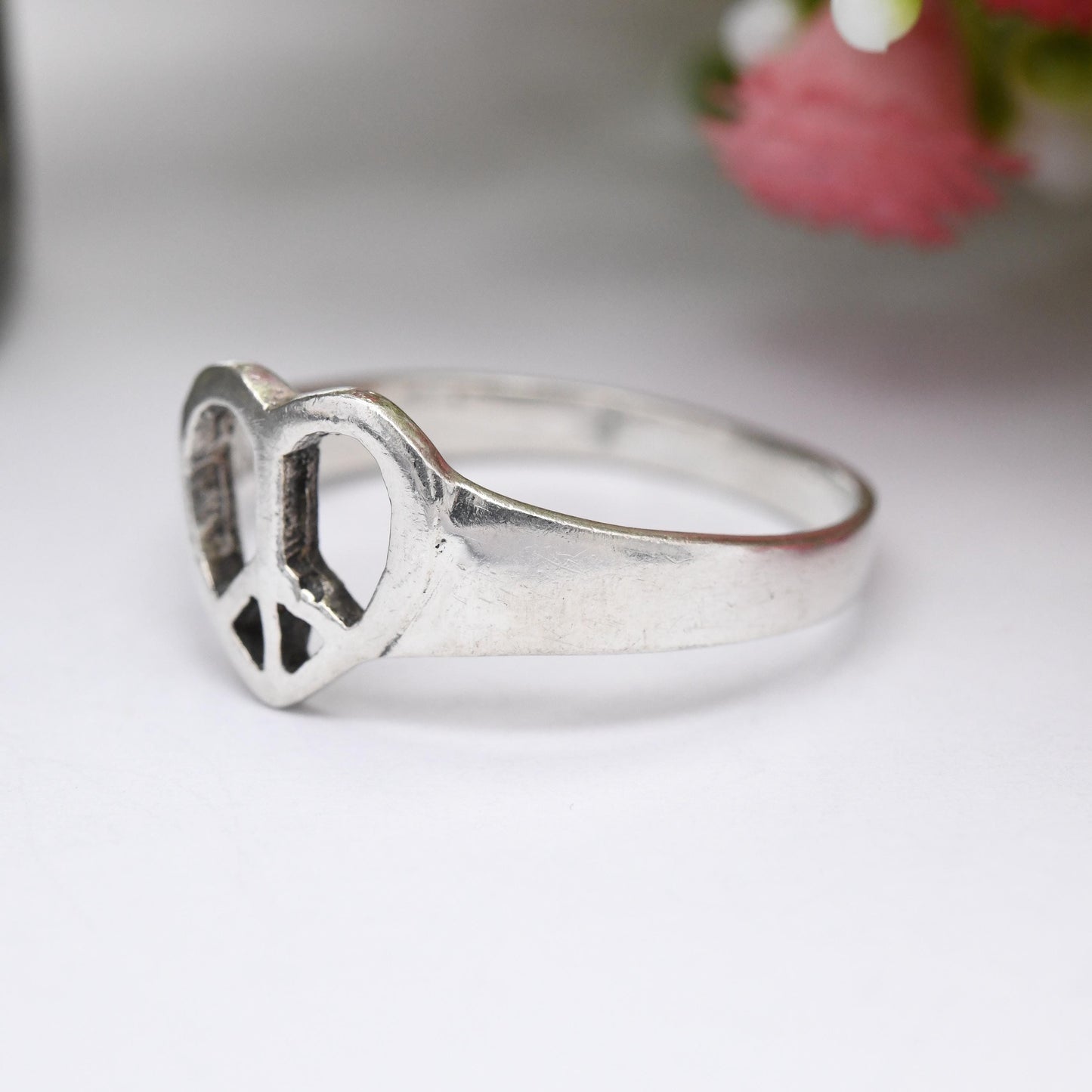 Vintage Sterling Silver Peace and Love Ring - Peace Sign in a Love Heart | Sweet Everyday Love Gift for Her | UK Size - S | US Size - 9