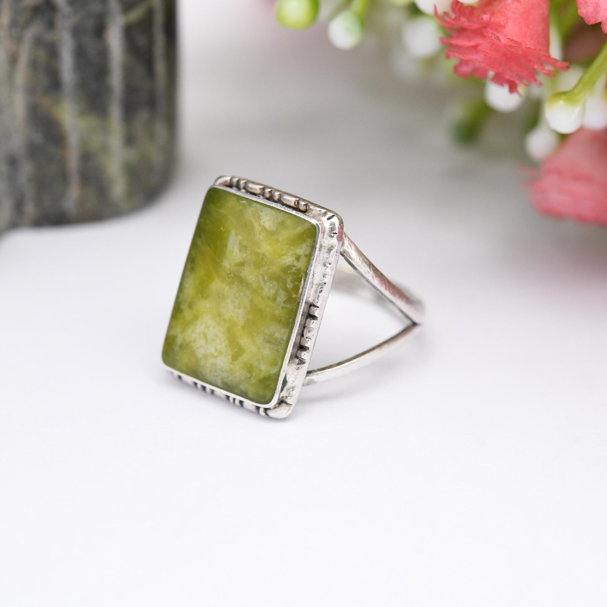 Vintage Sterling Silver Connemara Marble Ring - Irish Green Stone | c. 1940s | UK Size - L | US - 5 3/4