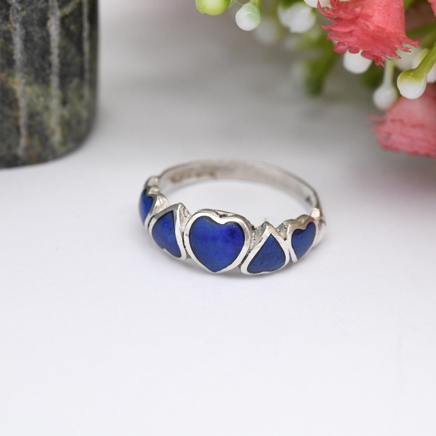 Vintage Sterling Silver Lapis Lazuli Hearts Ring - Linked Love Hearts | Cute Friendship Love Gift for Her | UK Size - P | US Size - 7 3/4