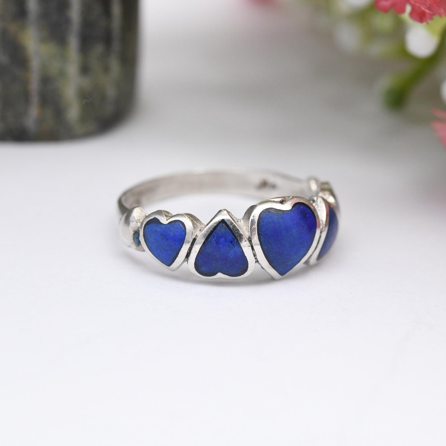 Vintage Sterling Silver Lapis Lazuli Hearts Ring - Linked Love Hearts | Cute Friendship Love Gift for Her | UK Size - P | US Size - 7 3/4