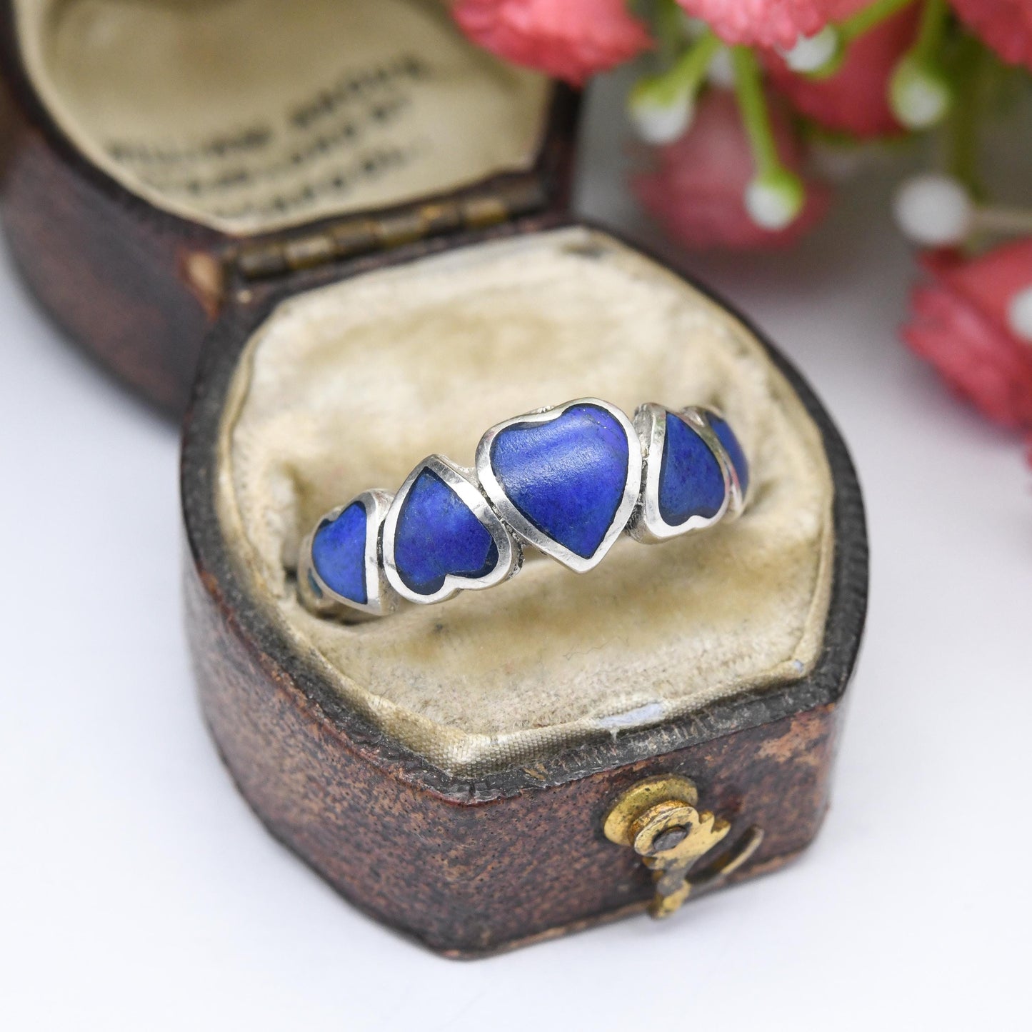 Vintage Sterling Silver Lapis Lazuli Hearts Ring - Linked Love Hearts | Cute Friendship Love Gift for Her | UK Size - P | US Size - 7 3/4