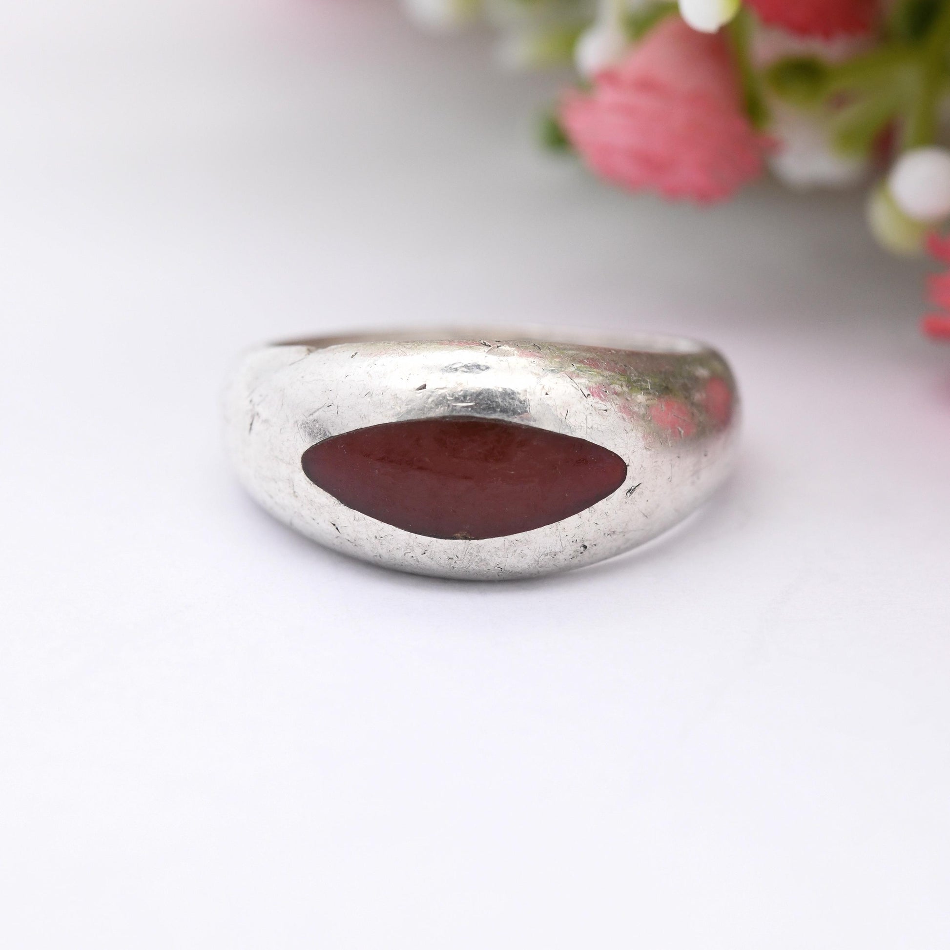 Vintage Silver Carnelian Ring 1995 - Chunky Modernist Style | Flush Red Stone Statement | UK Size - T | US Size - 9 1/2