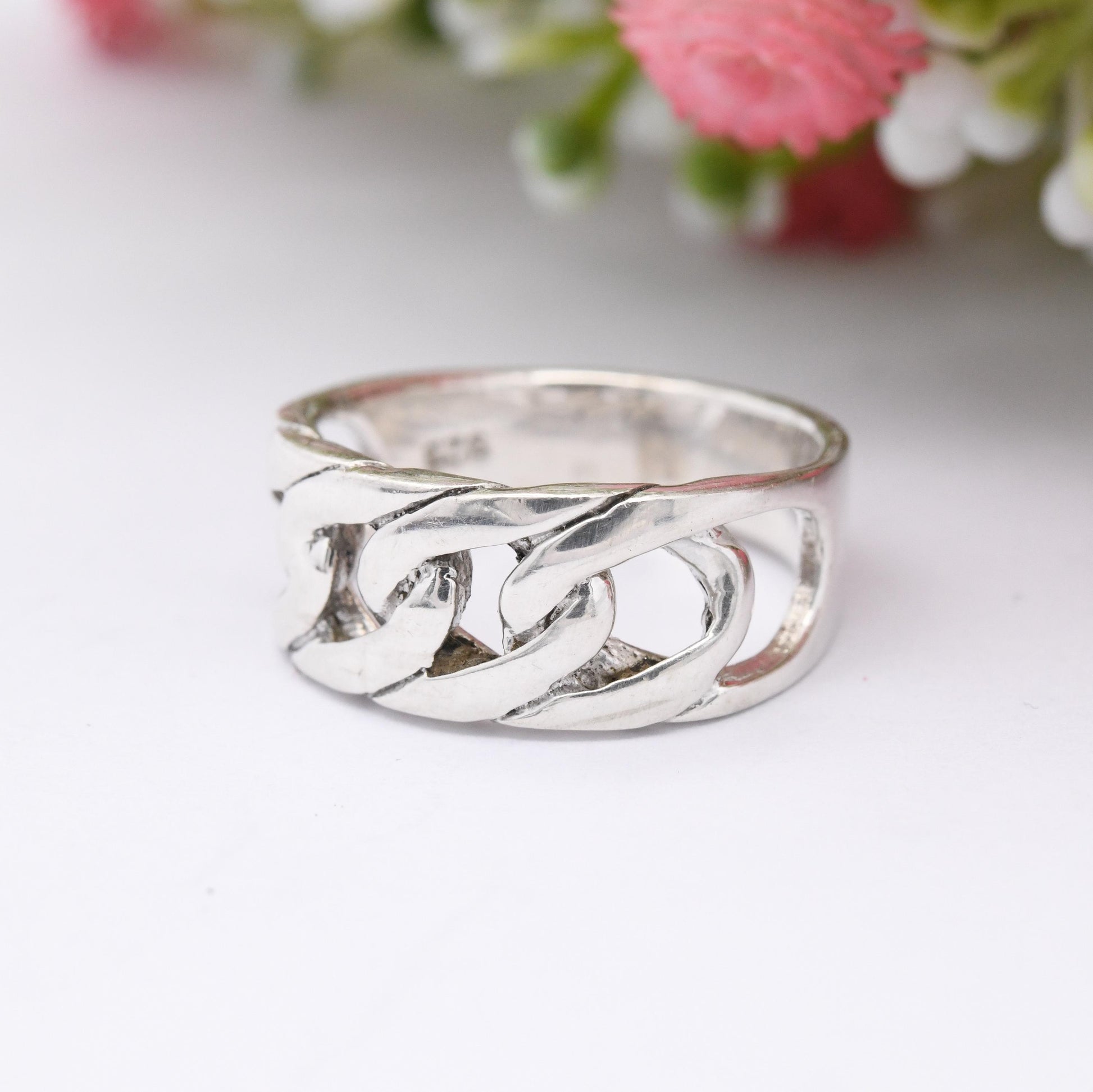 Vintage Sterling Silver Chain Band Ring - Openwork Curb Link Design Mid-Century Modernist Minimal Band Ring | UK Size - N | US Size - 6 1/2
