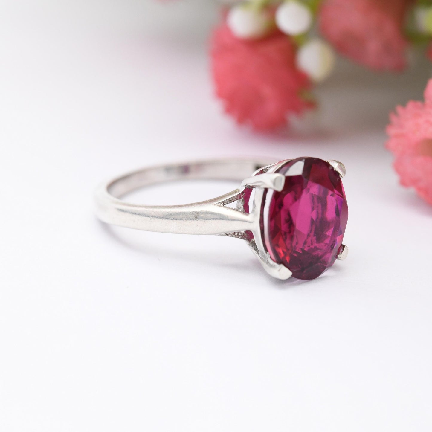 Vintage Silver Pink Stone Ring - Statement Large Faceted Stone Solitaire | Pretty Gift for Her | UK Size - M | US Size - 6 1/4