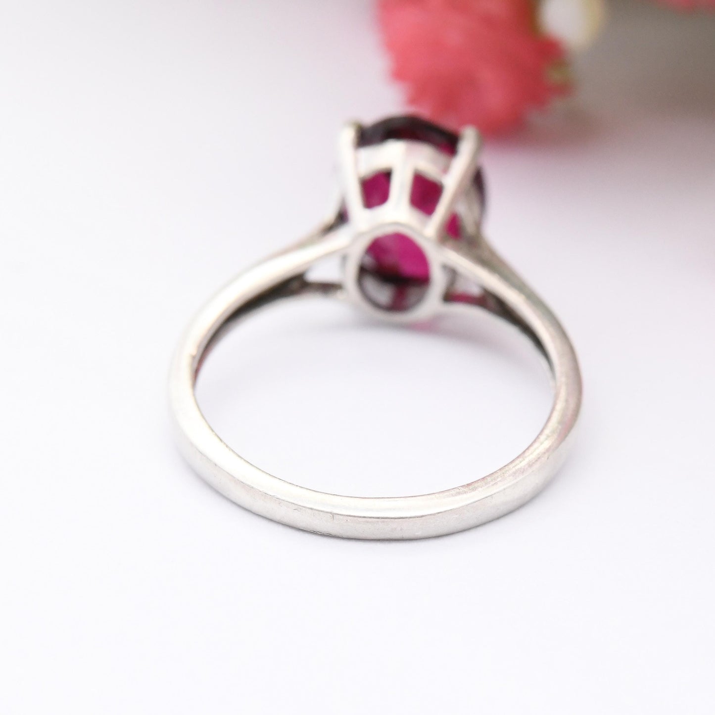 Vintage Silver Pink Stone Ring - Statement Large Faceted Stone Solitaire | Pretty Gift for Her | UK Size - M | US Size - 6 1/4