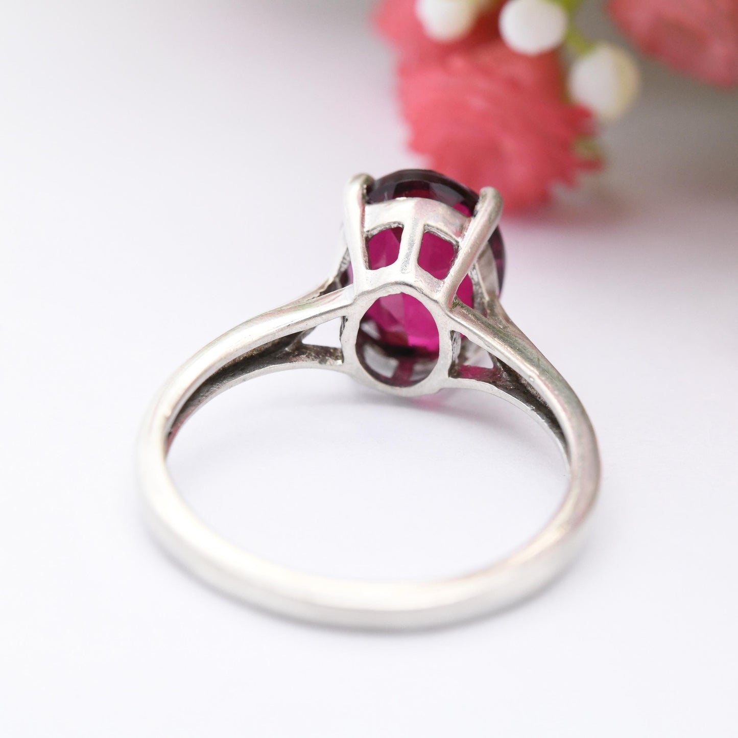 Vintage Silver Pink Stone Ring - Statement Large Faceted Stone Solitaire | Pretty Gift for Her | UK Size - M | US Size - 6 1/4