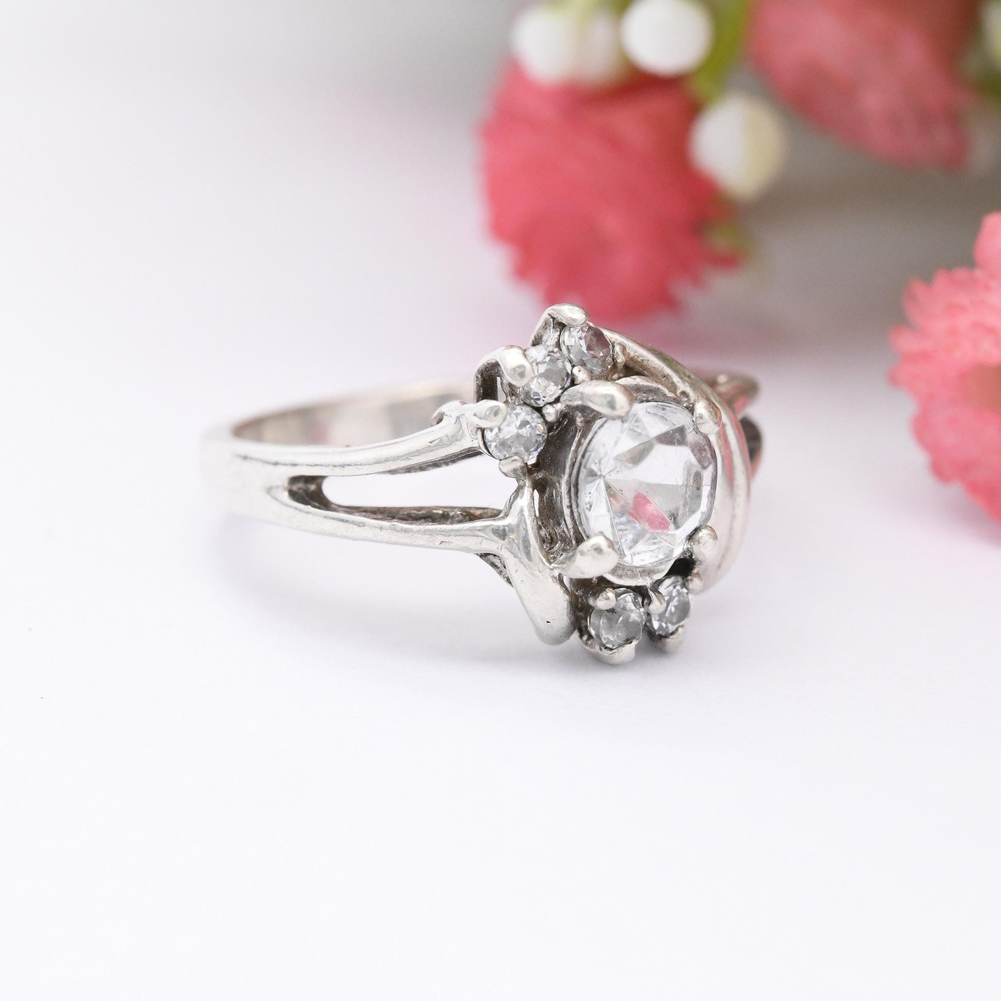 Vintage Sterling Silver Cubic Zirconia Ring with Twist Design - Large White Stone CZ Statement Pretty Gift | UK Size - L | US Size - 5 3/4