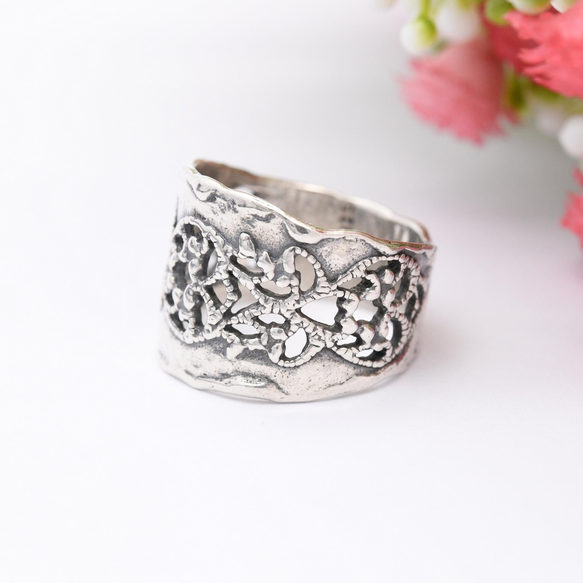 Vintage Israel Sterling Silver Wide Band Ring - Chunky Knuckle Ring Openwork Modernist Style Israeli Jewellery | UK Size - M US Size - 6 1/4