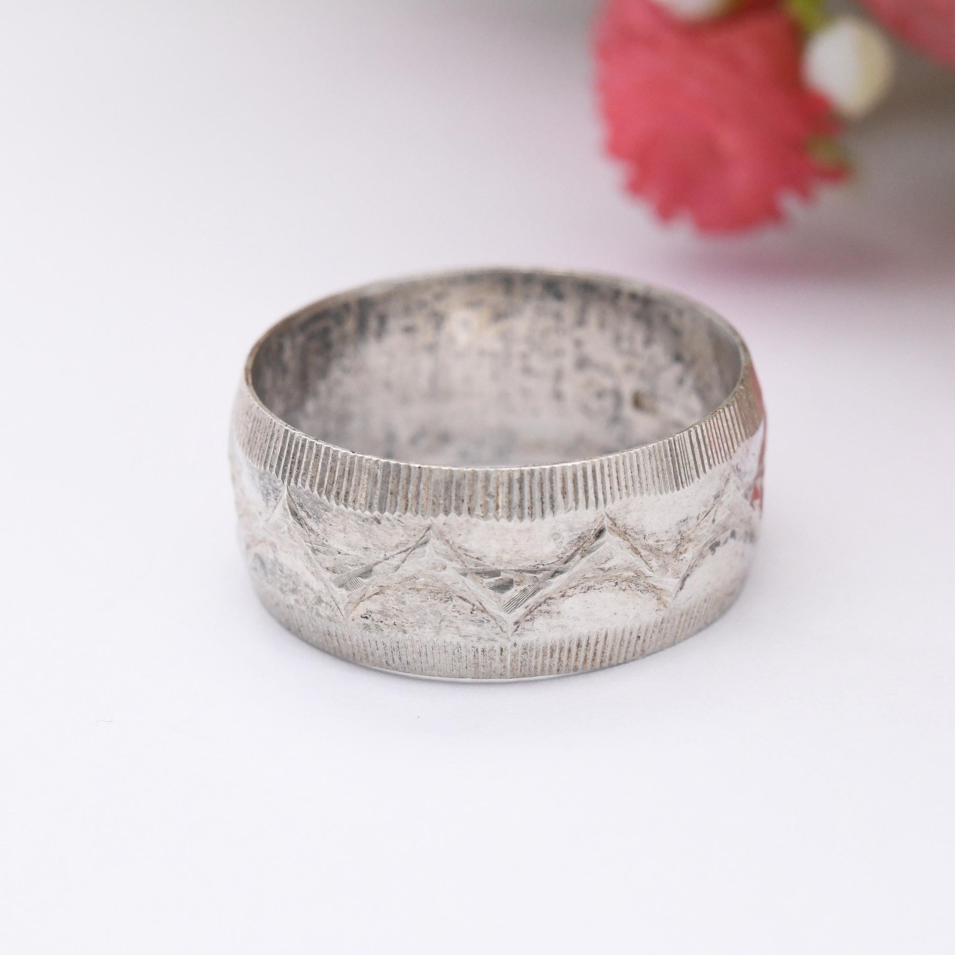 Vintage Sterling Silver Band Ring 1978 Toye Kenning and Spencer TK&S - Unisex Textured Silver Wide Band | UK Size - M 1/2 | US Size - 6 1/2