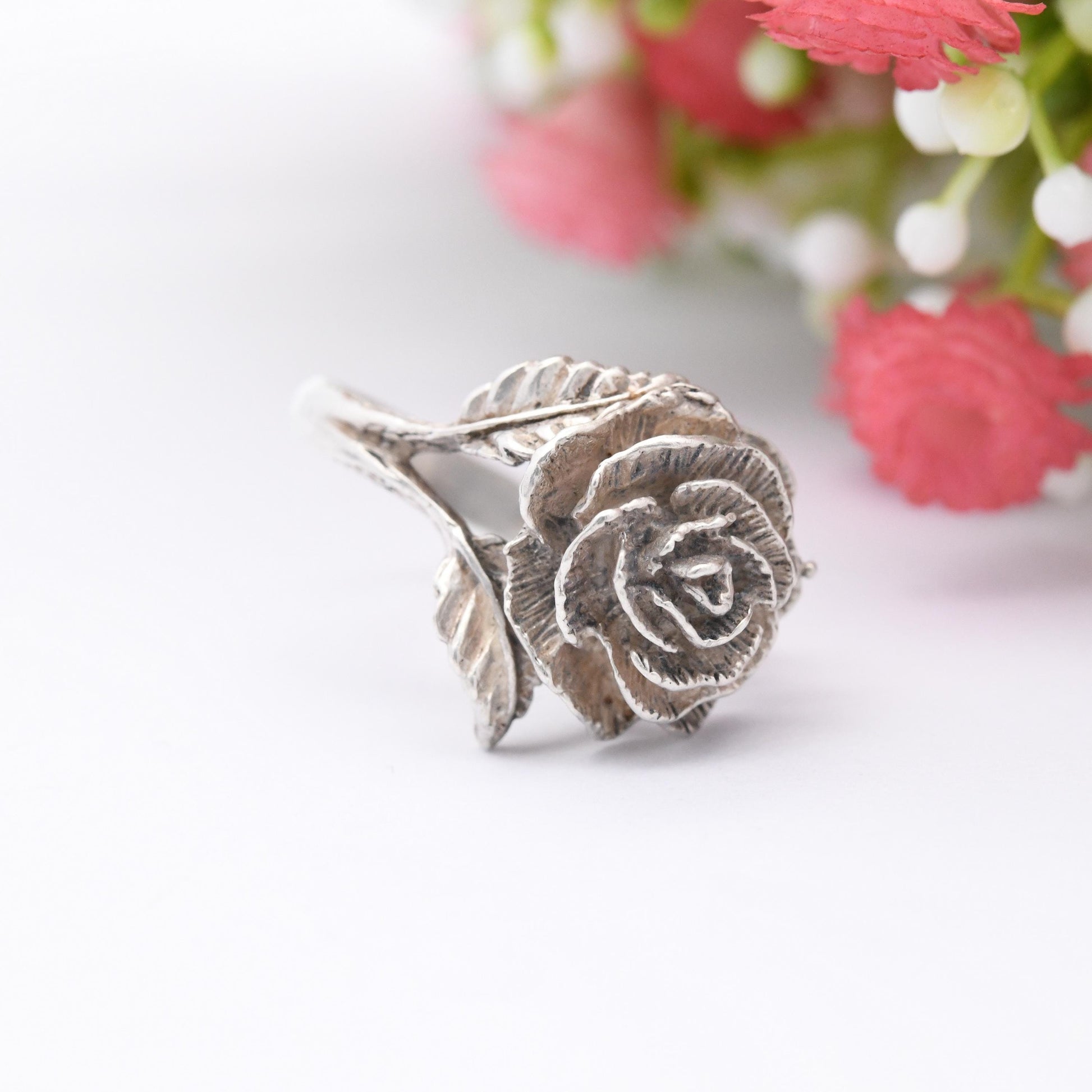 Vintage Sterling Silver Rose Ring 1975 Paul Edward Bunn - Modernist Flower Floral Shape Pretty Gift for Her | UK Size - L | US Size - 5 3/4