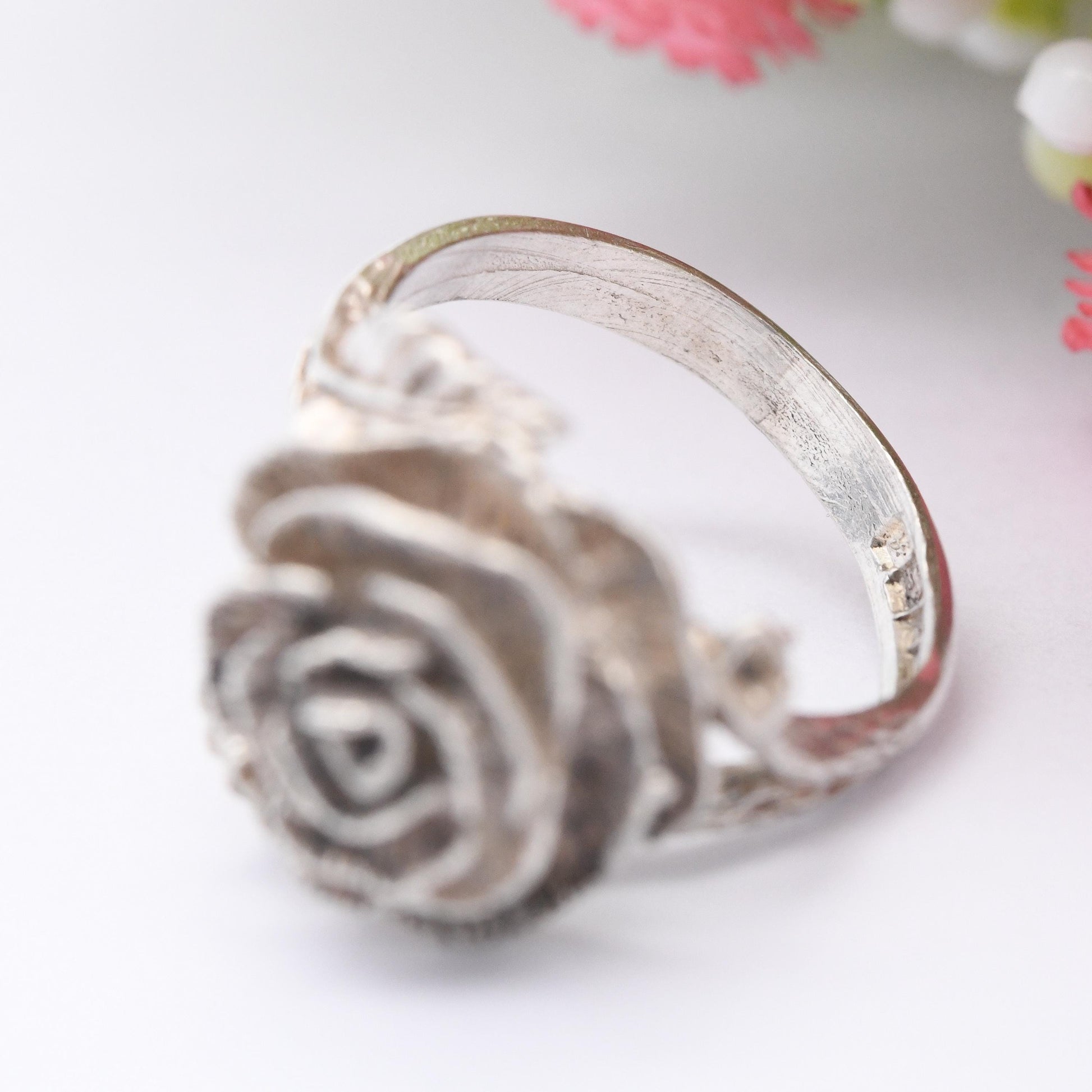 Vintage Sterling Silver Rose Ring 1975 Paul Edward Bunn - Modernist Flower Floral Shape Pretty Gift for Her | UK Size - L | US Size - 5 3/4