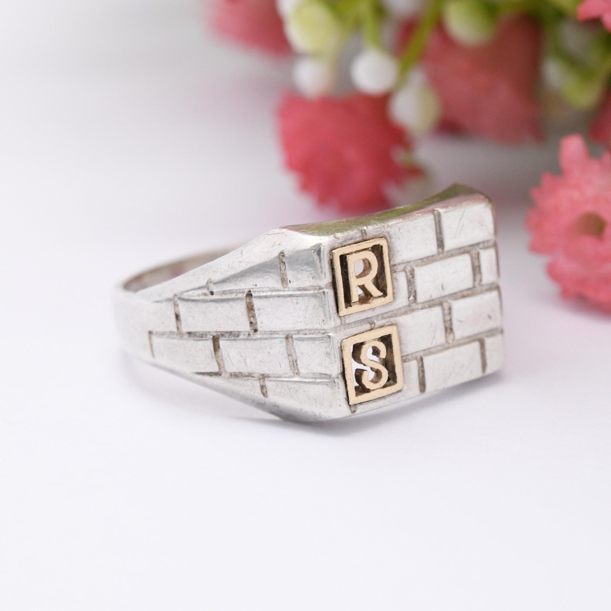 Vintage Sterling Silver and Gold Initial Signet Ring RS - Brickwork Design Large Unusual Personalised Ring | UK Size - Y | US Size - 12