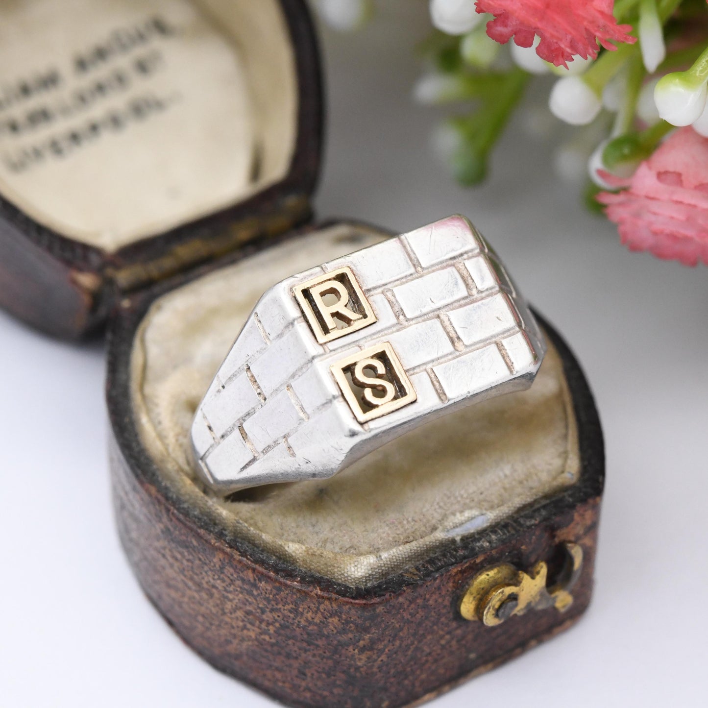 Vintage Sterling Silver and Gold Initial Signet Ring RS - Brickwork Design Large Unusual Personalised Ring | UK Size - Y | US Size - 12