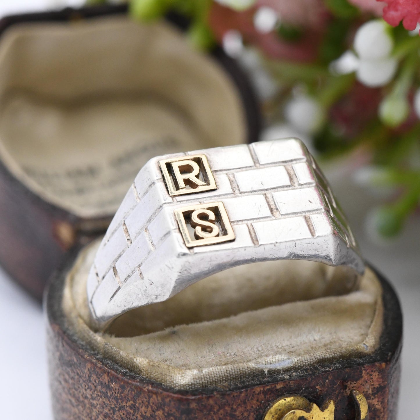 Vintage Sterling Silver and Gold Initial Signet Ring RS - Brickwork Design Large Unusual Personalised Ring | UK Size - Y | US Size - 12