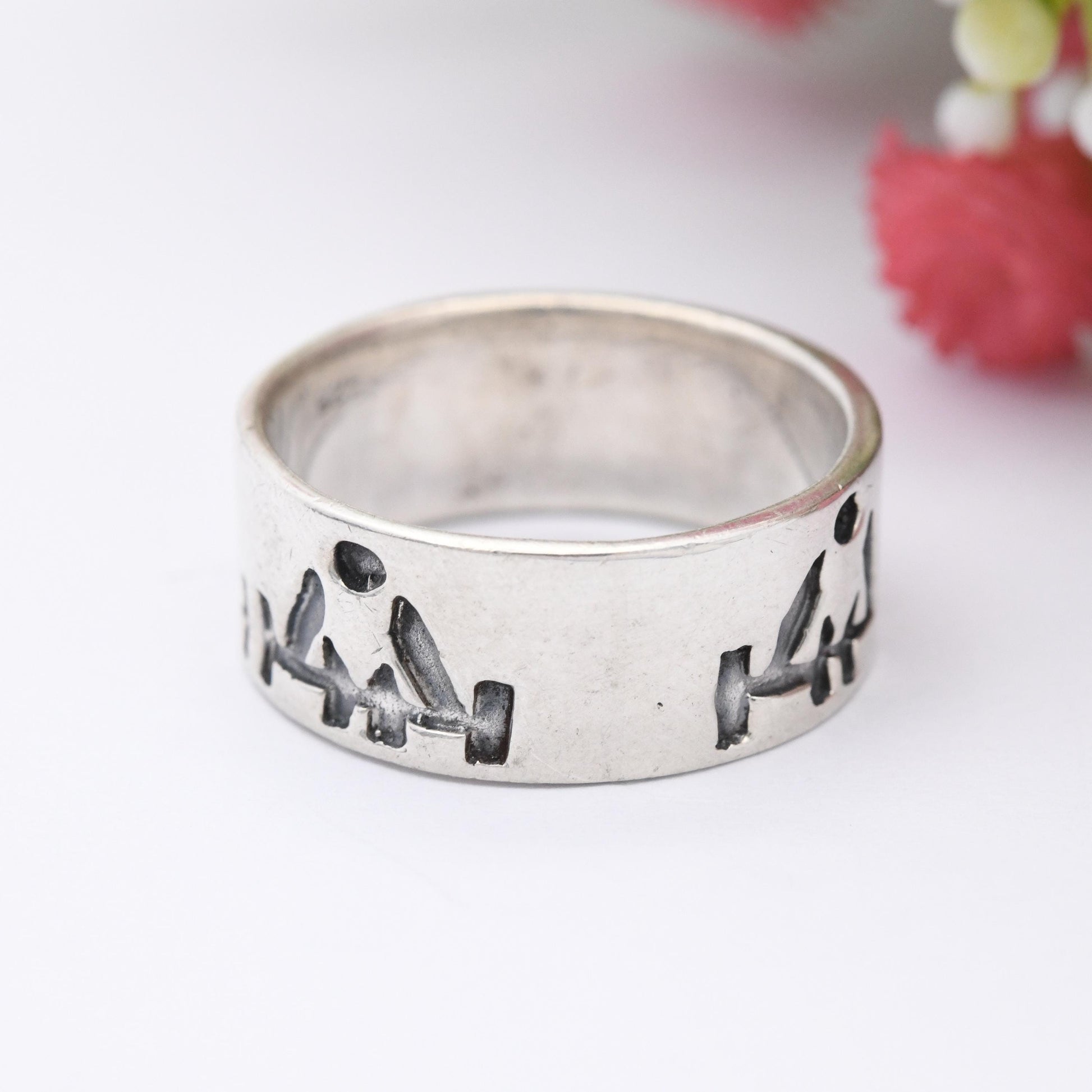 Vintage Sterling Silver Weightlifting Band Ring - Weightlifter Figures Unisex Gift for Athlete Wide Band | UK Size - R | US Size - 8 1/2