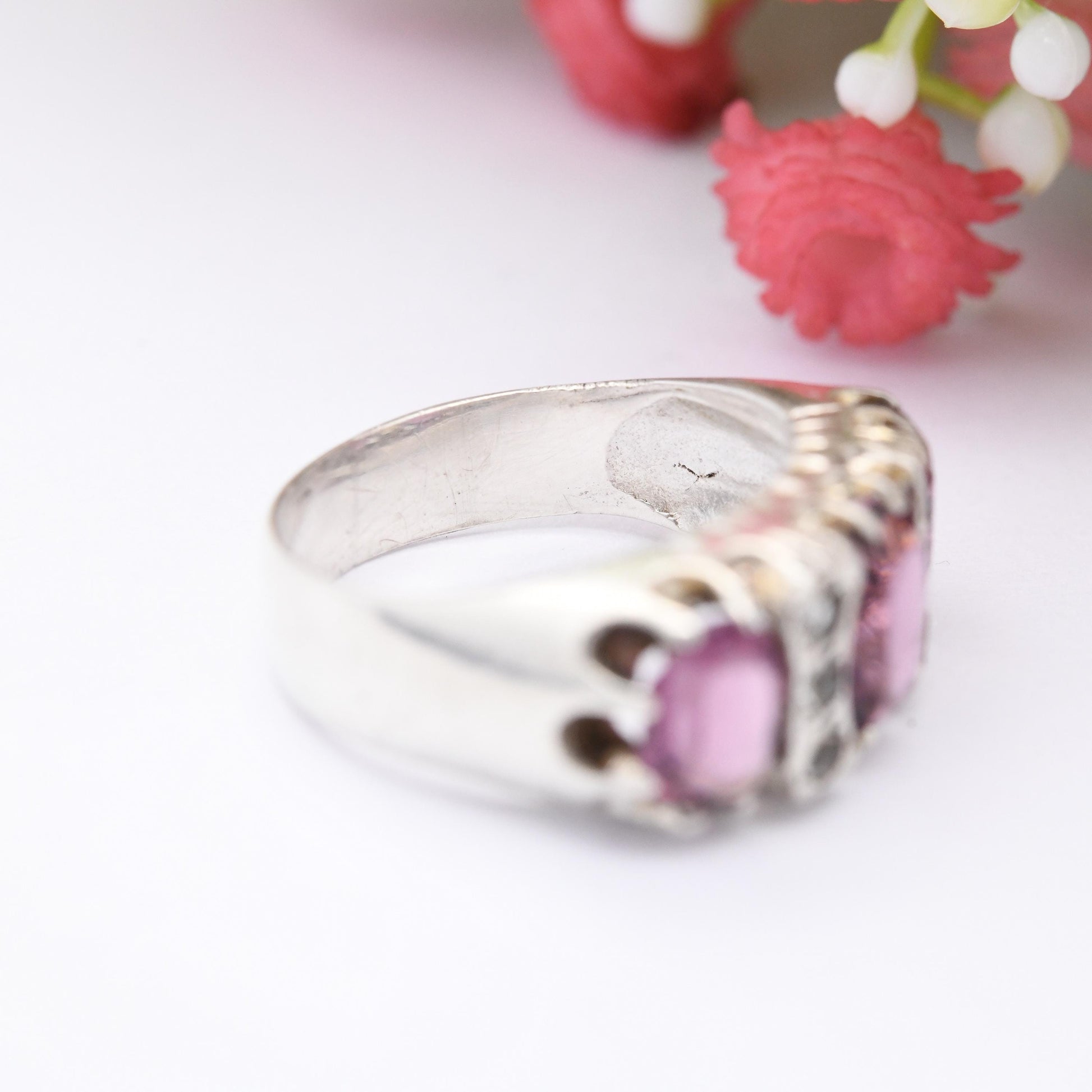 Vintage Sterling Silver Purple Paste Three Stone Ring with Clear Stone Accents - Victorian Revival | UK Size - J 1/2 | US Size - 5