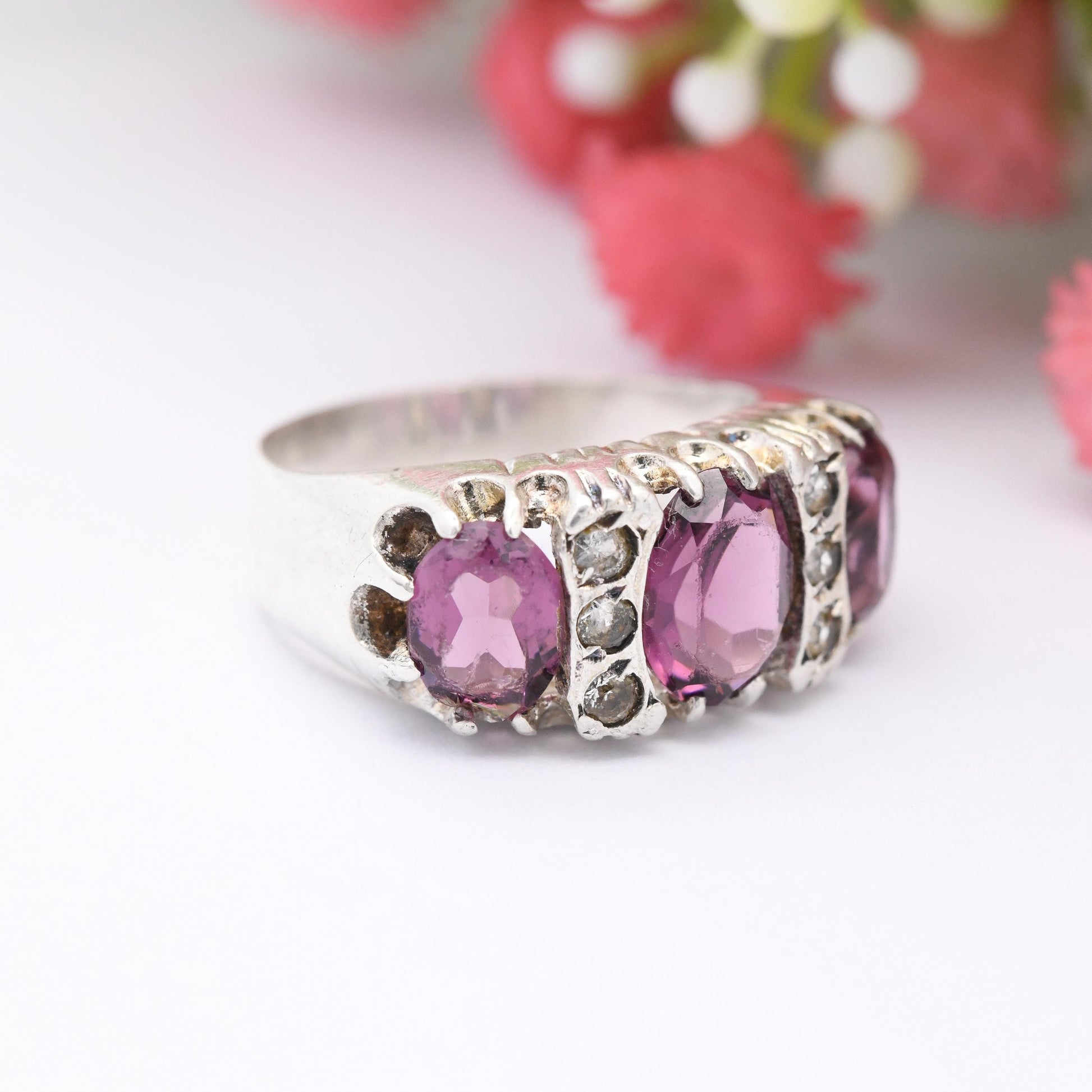 Vintage Sterling Silver Purple Paste Three Stone Ring with Clear Stone Accents - Victorian Revival | UK Size - J 1/2 | US Size - 5