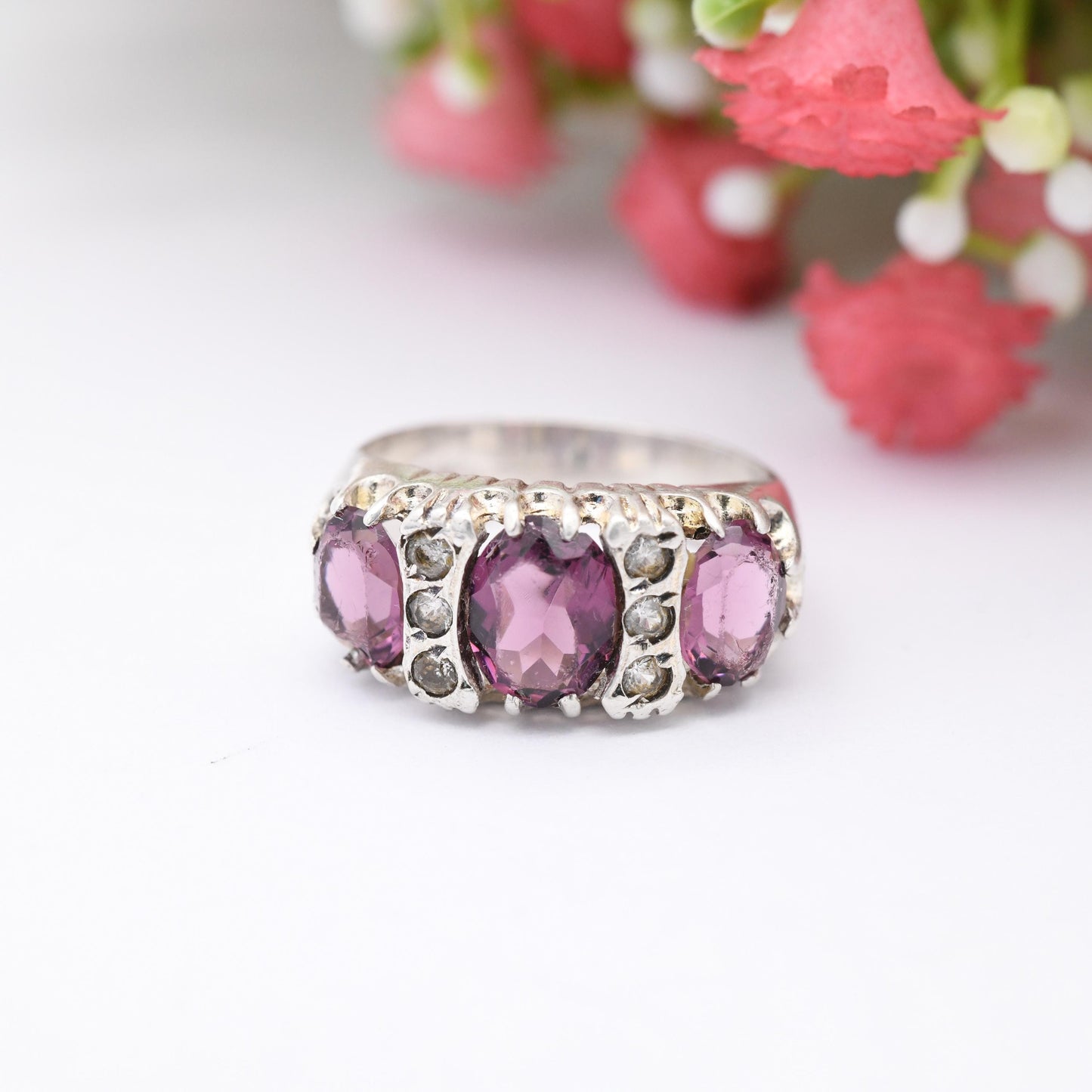 Vintage Sterling Silver Purple Paste Three Stone Ring with Clear Stone Accents - Victorian Revival | UK Size - J 1/2 | US Size - 5