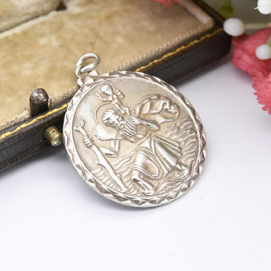 Vintage Sterling Silver St. Christopher Pendant Carrying Baby Jesus Through Water - Mi-Century 3D Detailed Textured Pendant Travellers Saint