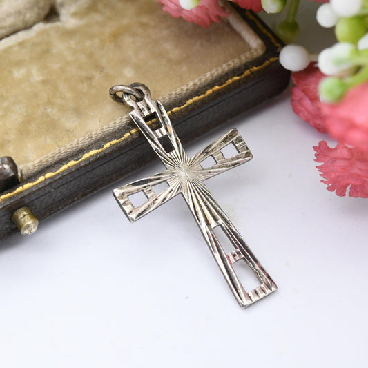 Vintage Sterling Silver Cross Pendant with Cut Star Design - Mid-Century Textured Cross | Christian Gift for Baptism Christening