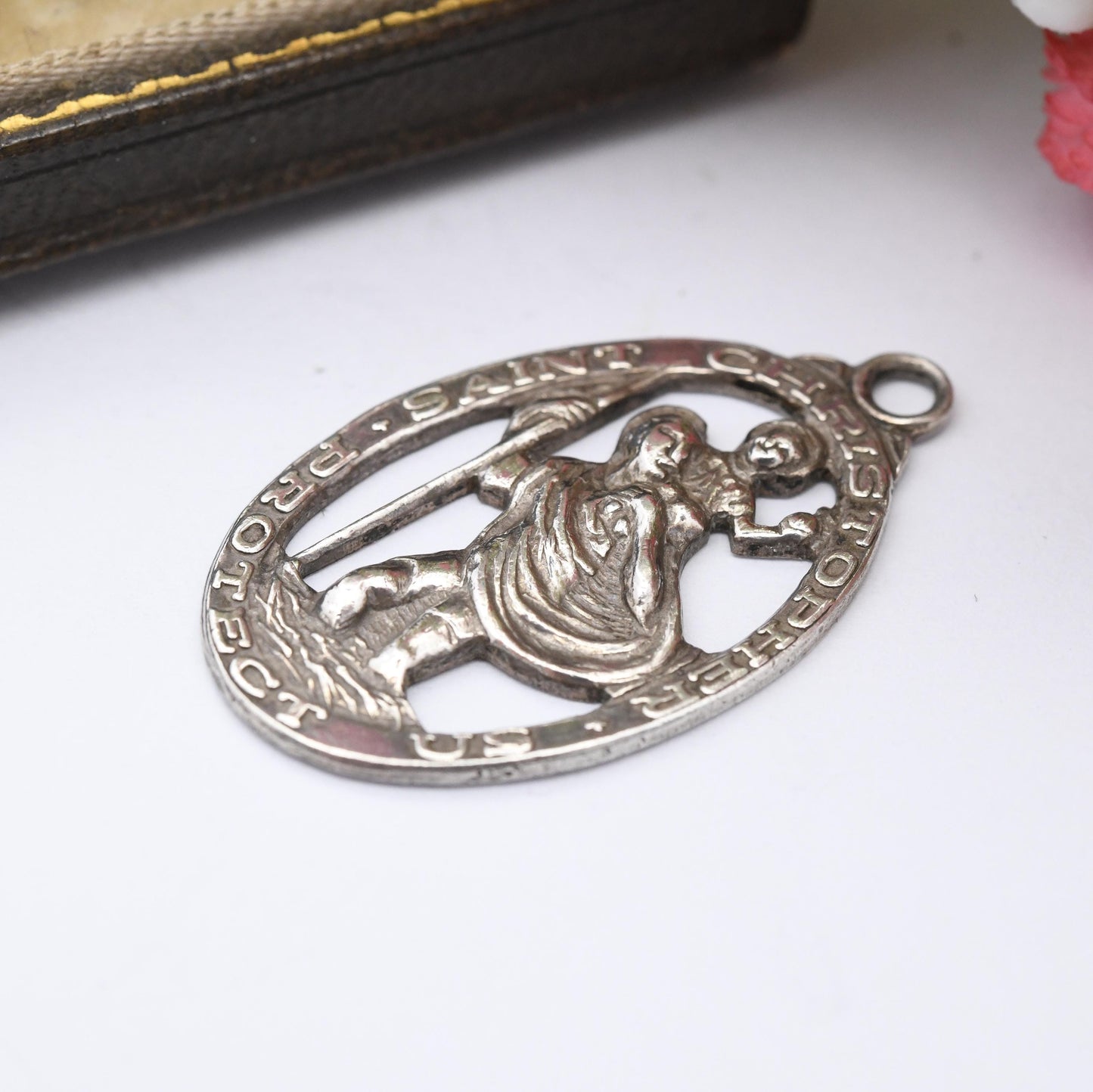 Vintage Sterling Silver St. Christopher Protect Us Charm Pendant - Large Oval | Mid-Century | Saint of Travellers