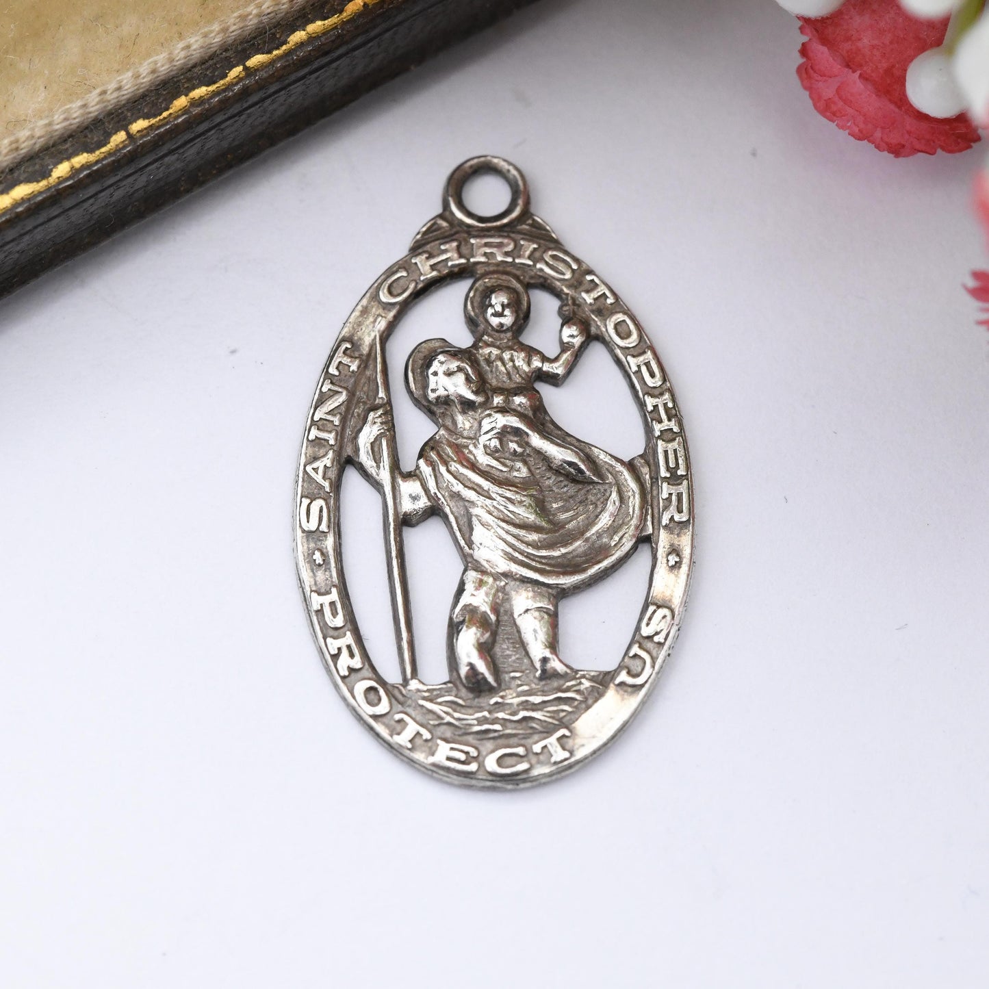 Vintage Sterling Silver St. Christopher Protect Us Charm Pendant - Large Oval | Mid-Century | Saint of Travellers